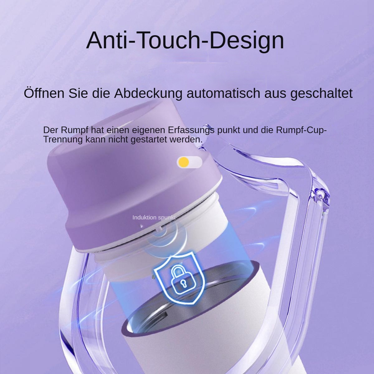 Ein lila-weißes Gerät mit Schutzschild. Ein Schloss-Symbol ist sichtbar. Text: 'Anti-Touch-Design'.