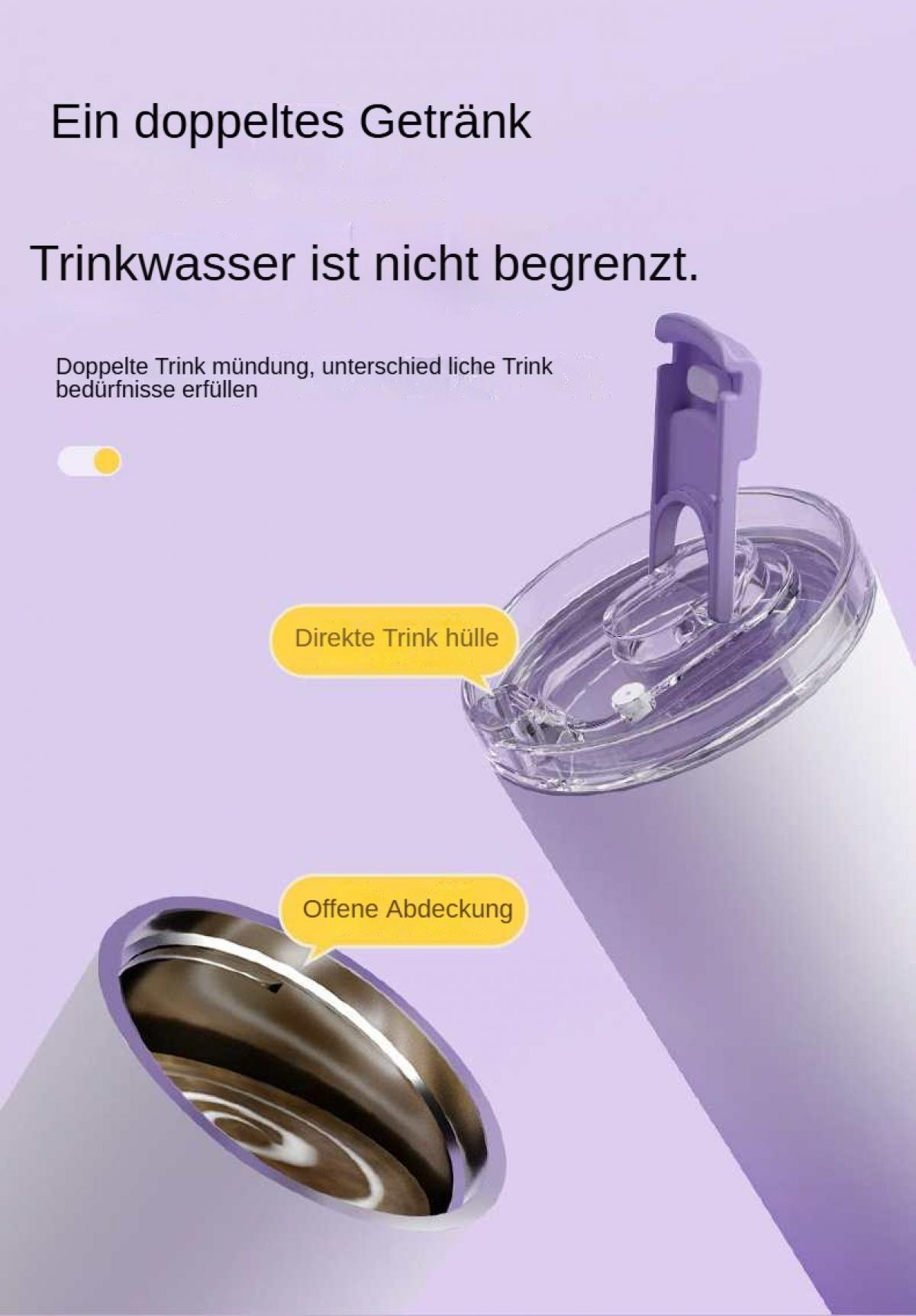 Eine weiße und lila Wasserflasche mit offenem Deckel. Text auf Deutsch deutet auf Doppelgetränke hin.