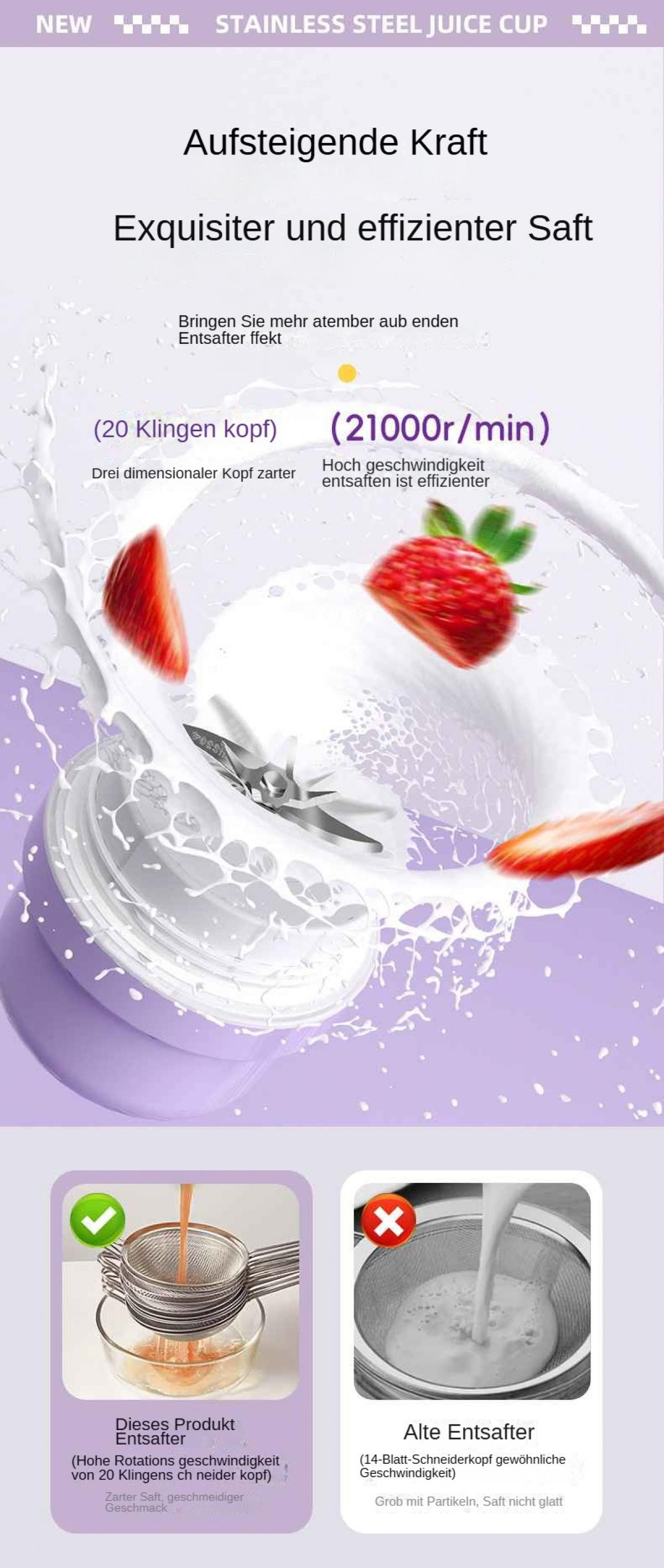 Werbeanzeige für Entsafter mit Erdbeeren, Milchspritzer und Text. Zeigt verschiedene Entsaftertypen mit Vor- und Nachteilen.