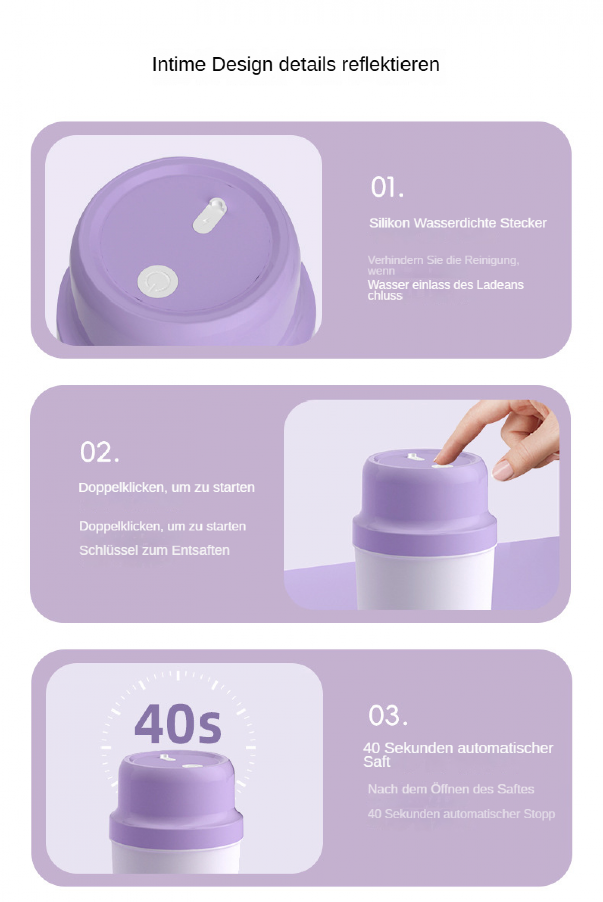 Ein Produktdetailbild. Es zeigt die Teile eines lila-weißen Entsafters, einschließlich eines Timers mit 40 Sekunden.