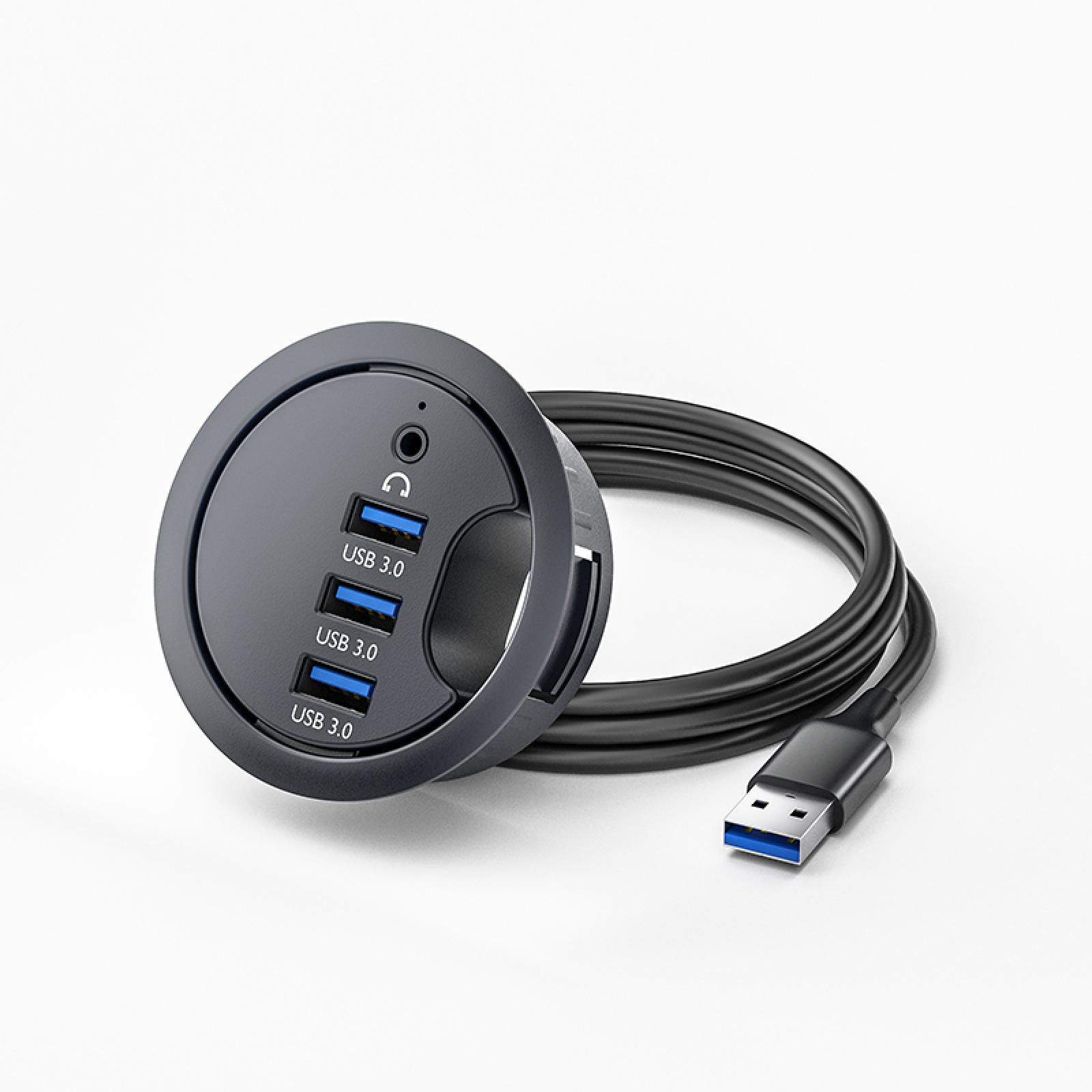 Ein schwarzer USB-Hub mit 3 USB 3.0-Anschlüssen und einem Kopfhöreranschluss. Er hat ein schwarzes Kabel mit einem USB-Anschluss.