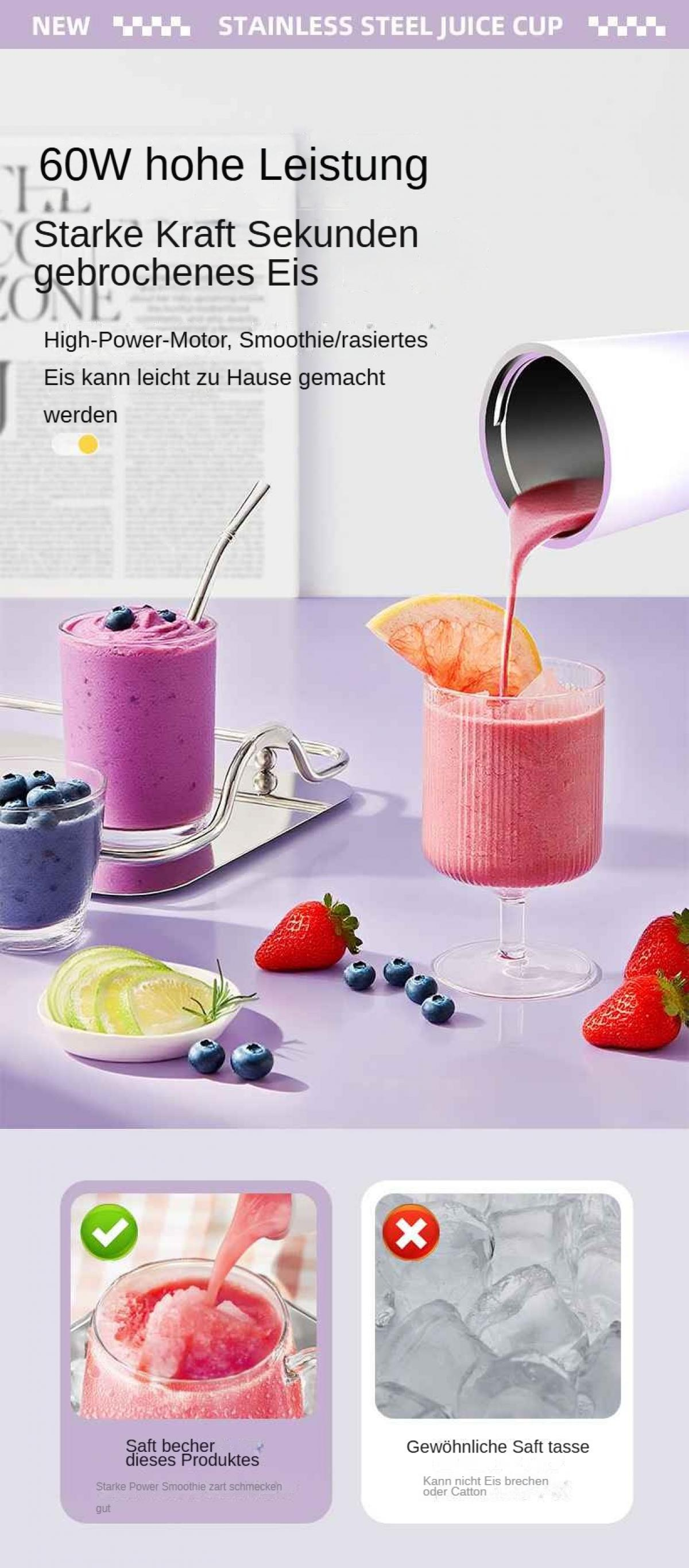 Das Bild zeigt Saftbecher mit Früchten. Ein Mixer gießt Saft ein. Erdbeeren, Blaubeeren und Zitronenscheiben sind ebenfalls zu sehen.