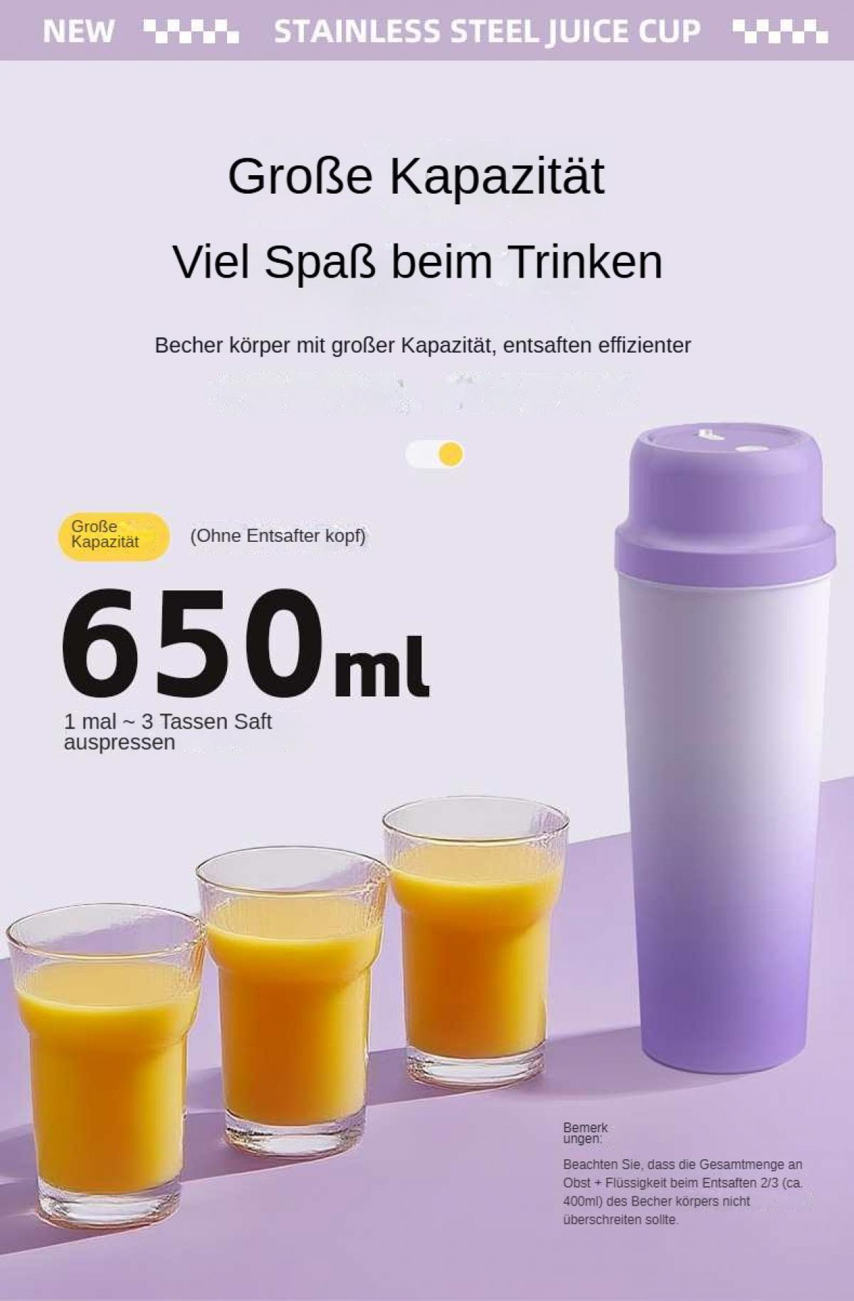 Das Bild zeigt einen Edelstahl-Saftbecher mit drei Gläsern Saft. Der Becher ist lila und weiß. Der Text sagt 650 ml.