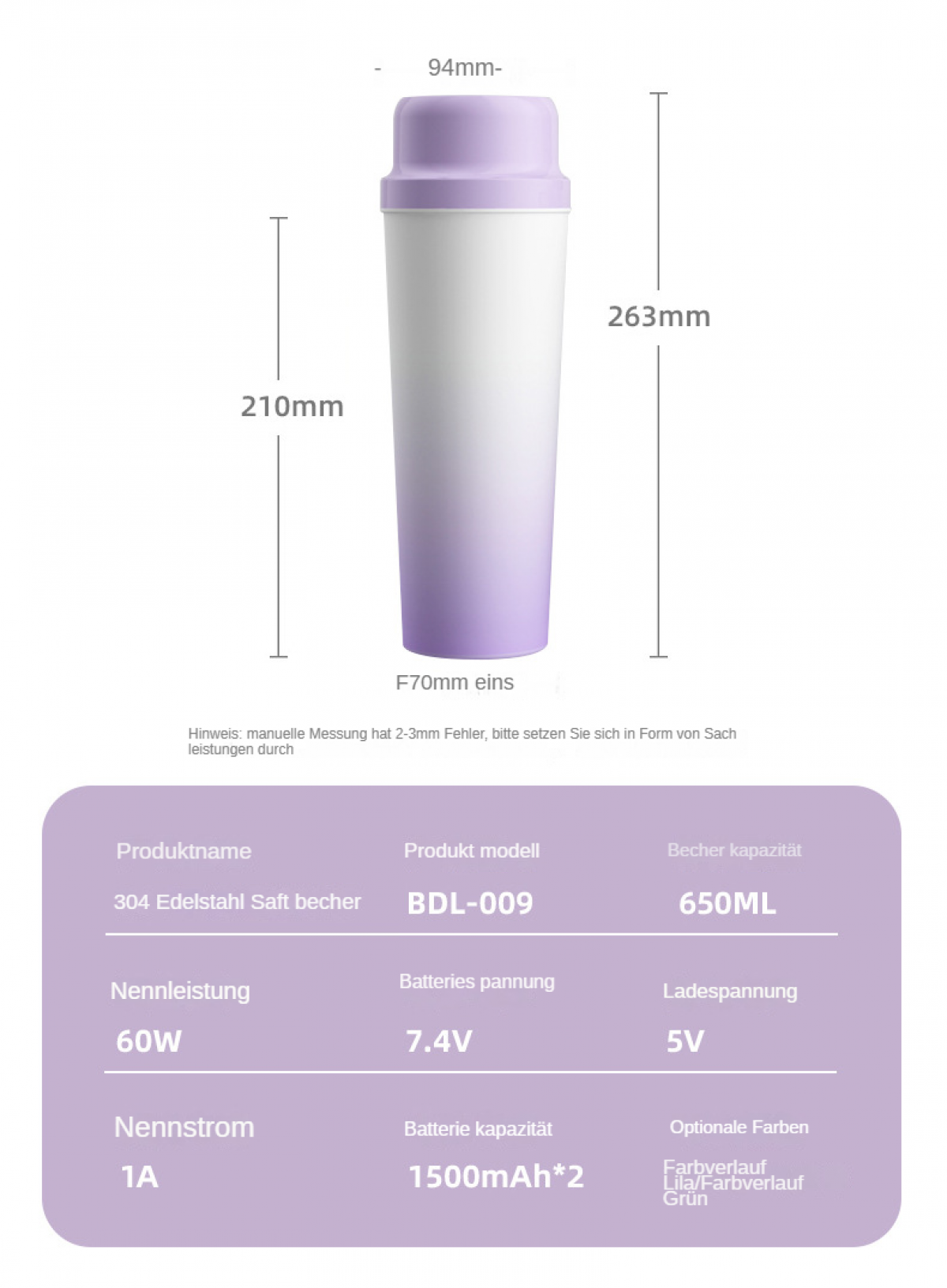 Eine weiß-lila Wasserflasche mit Abmessungen. Spezifikationen umfassen Modell BDL-009, 650ML Kapazität und Batterie.
