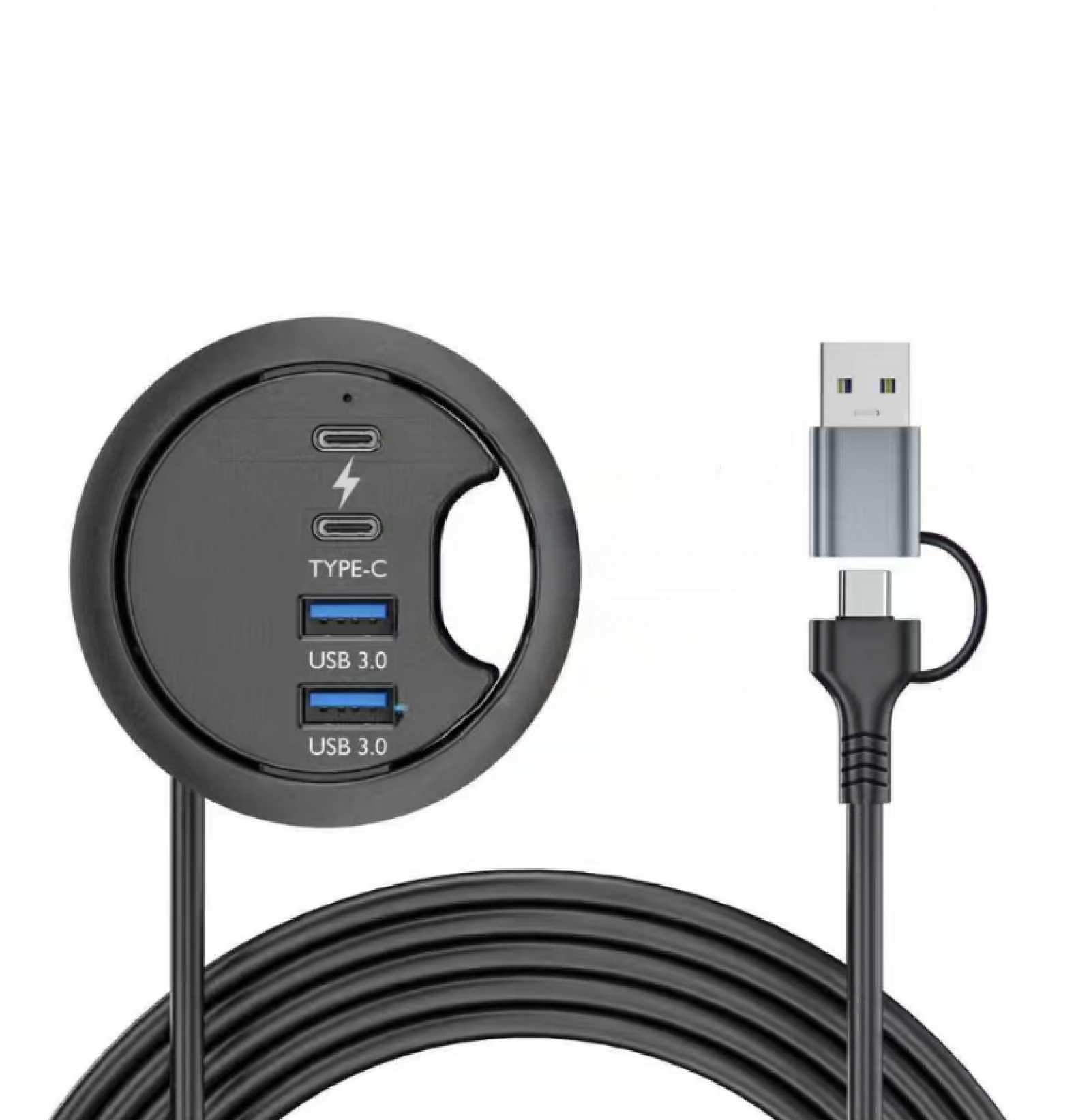 Ein schwarzer runder USB-Hub mit Anschlüssen, einem Typ-C-Anschluss, USB 3.0-Anschlüssen und einem angeschlossenen USB-Kabel.