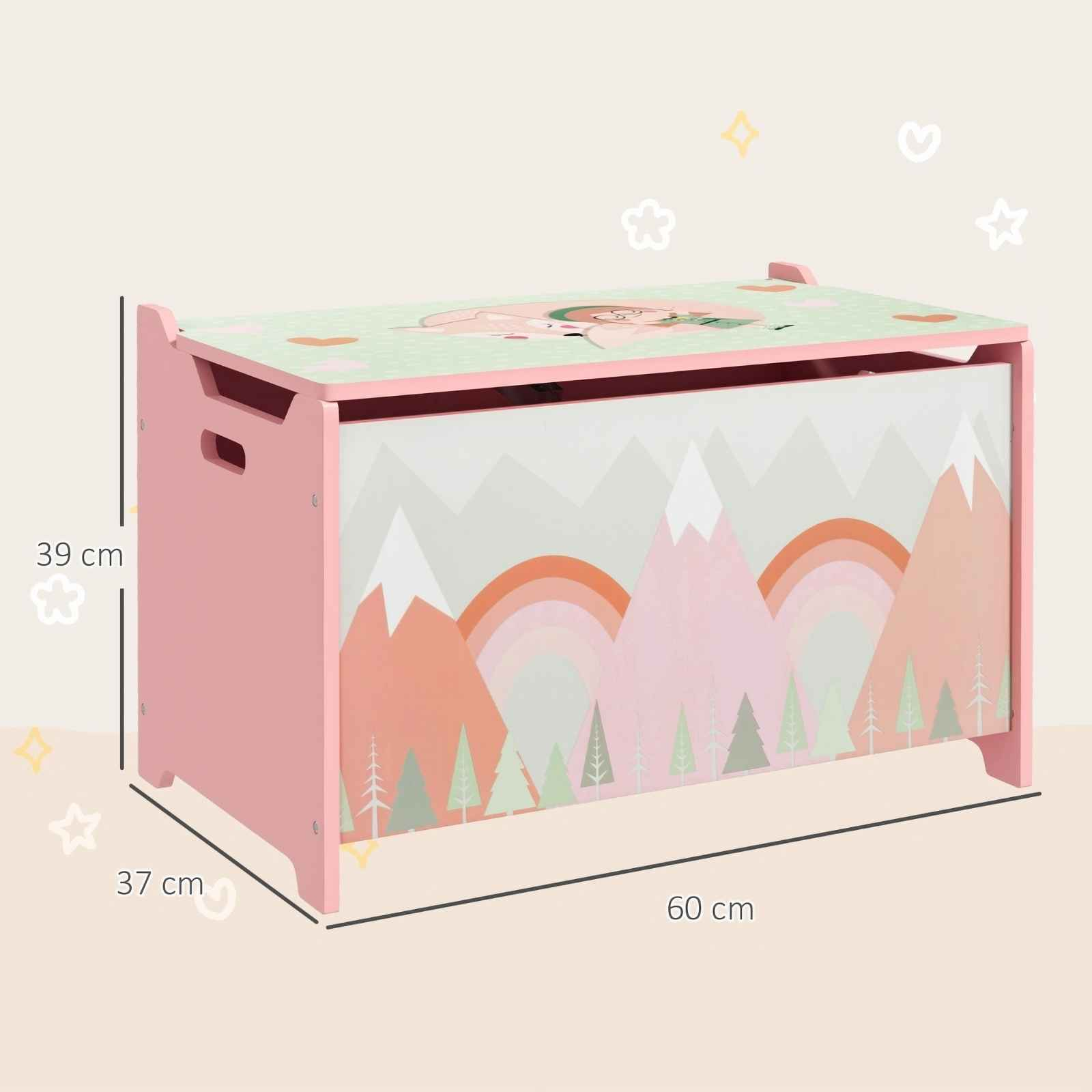 Eine rosa Spielzeugkiste aus Holz mit Berg- und Regenbogenmuster. Dekorative Sterne, Herzen und Blumen umgeben sie.
