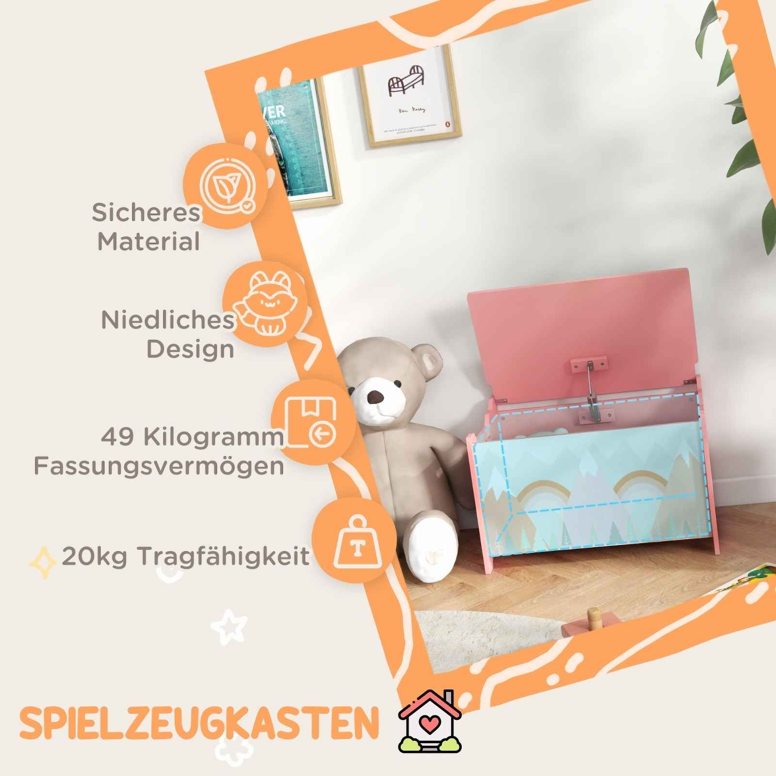 Spielzeugkiste mit offenem Deckel, Teddybär und Grafiken. Text hebt Sicherheit, Design, Kapazität und Tragfähigkeit hervor.