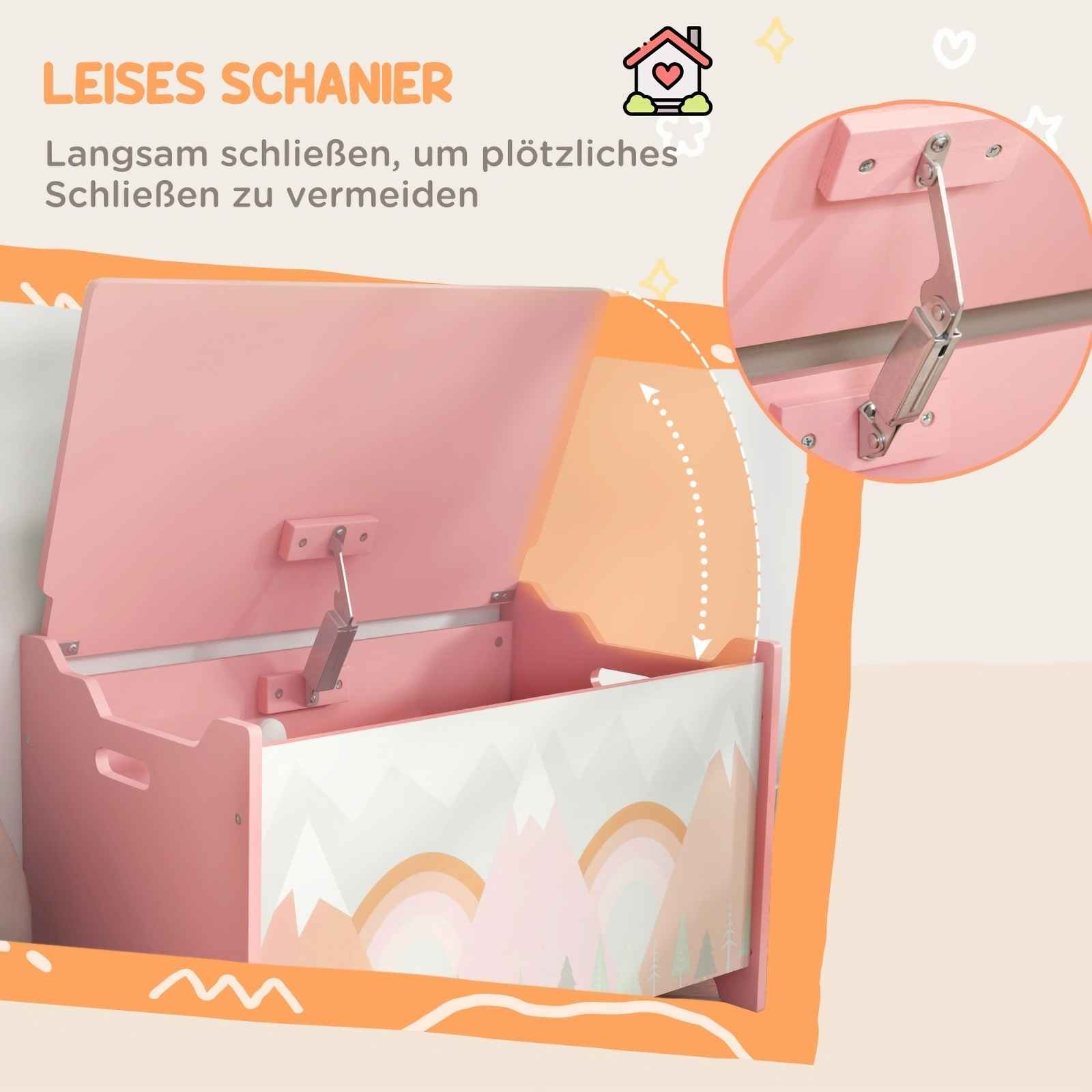 Rosa Spielzeugkiste mit langsam schließendem Scharnier. Weißes und rosa Bergdesign vorne. Deckel ist offen.
