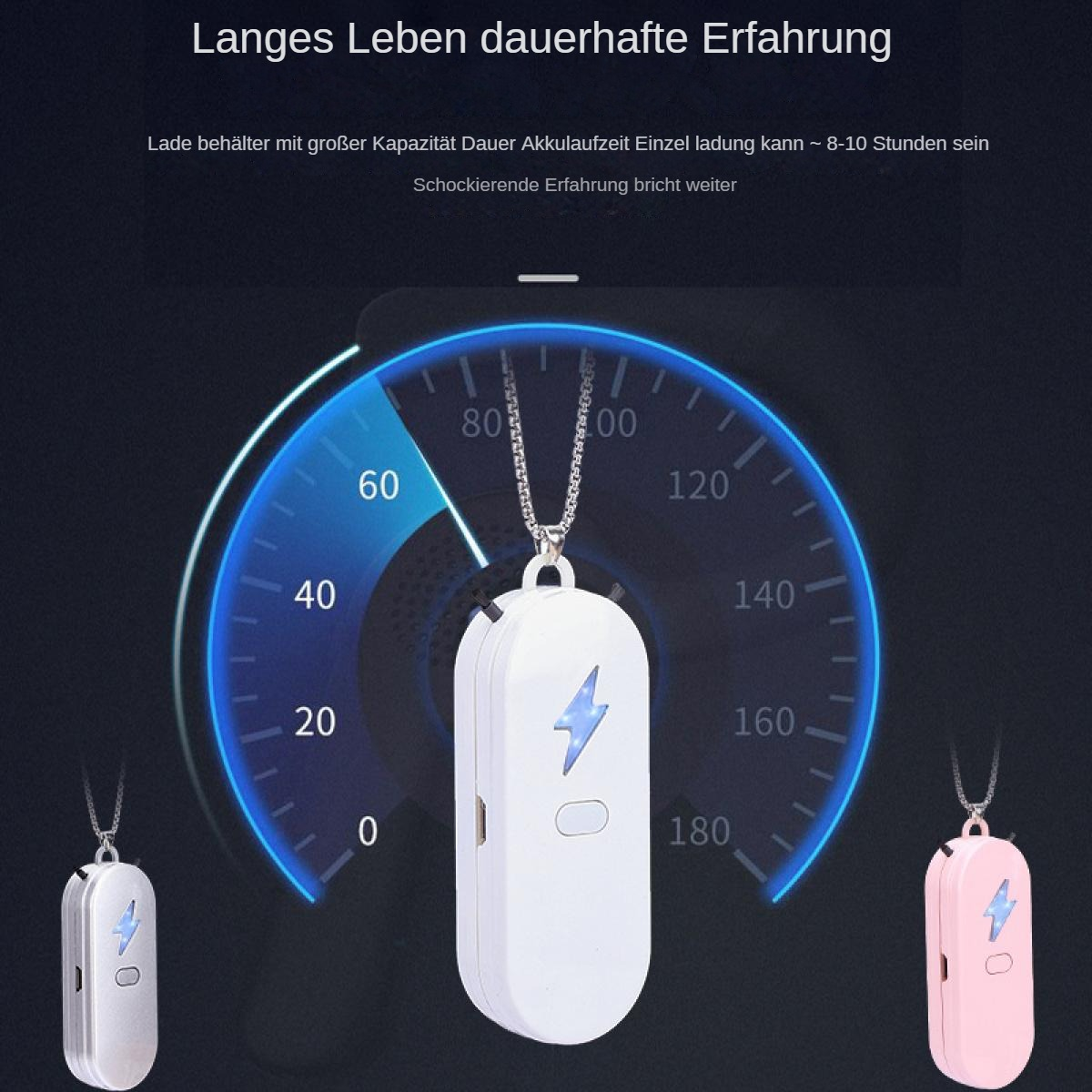 Das Bild zeigt drei Anhänger im Stil von Geräten, weiß, silber und rosa, mit einem Blitzsymbol. Dahinter befindet sich ein Messgerät.