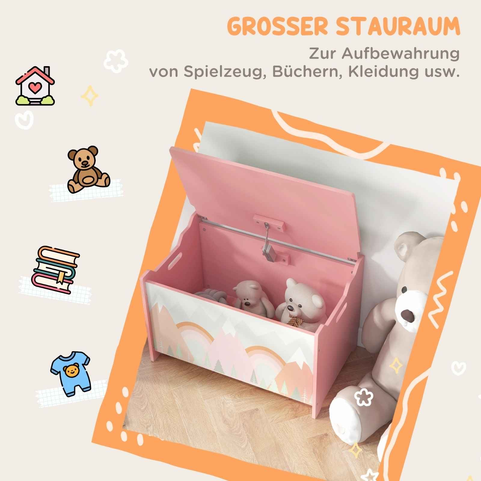 Rosa Spielzeugkiste mit offenem Deckel, enthält zwei Teddybären. Die Kiste hat ein Bergdesign. Ein großer Teddybär ist an der Seite.