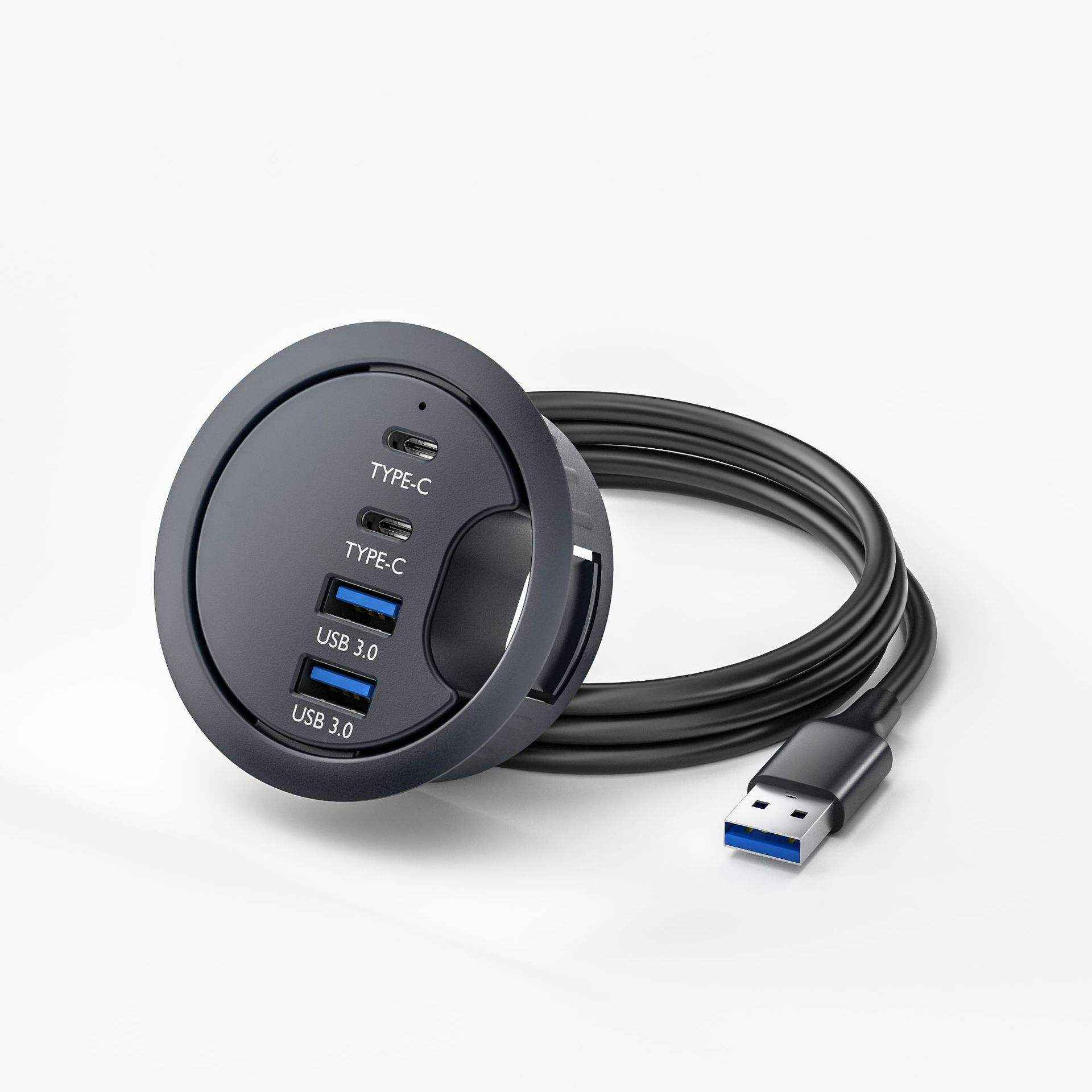 Ein schwarzer USB-Hub mit USB 3.0- und Typ-C-Anschlüssen, mit einem schwarzen Kabel und USB-Anschluss auf weißem Hintergrund.
