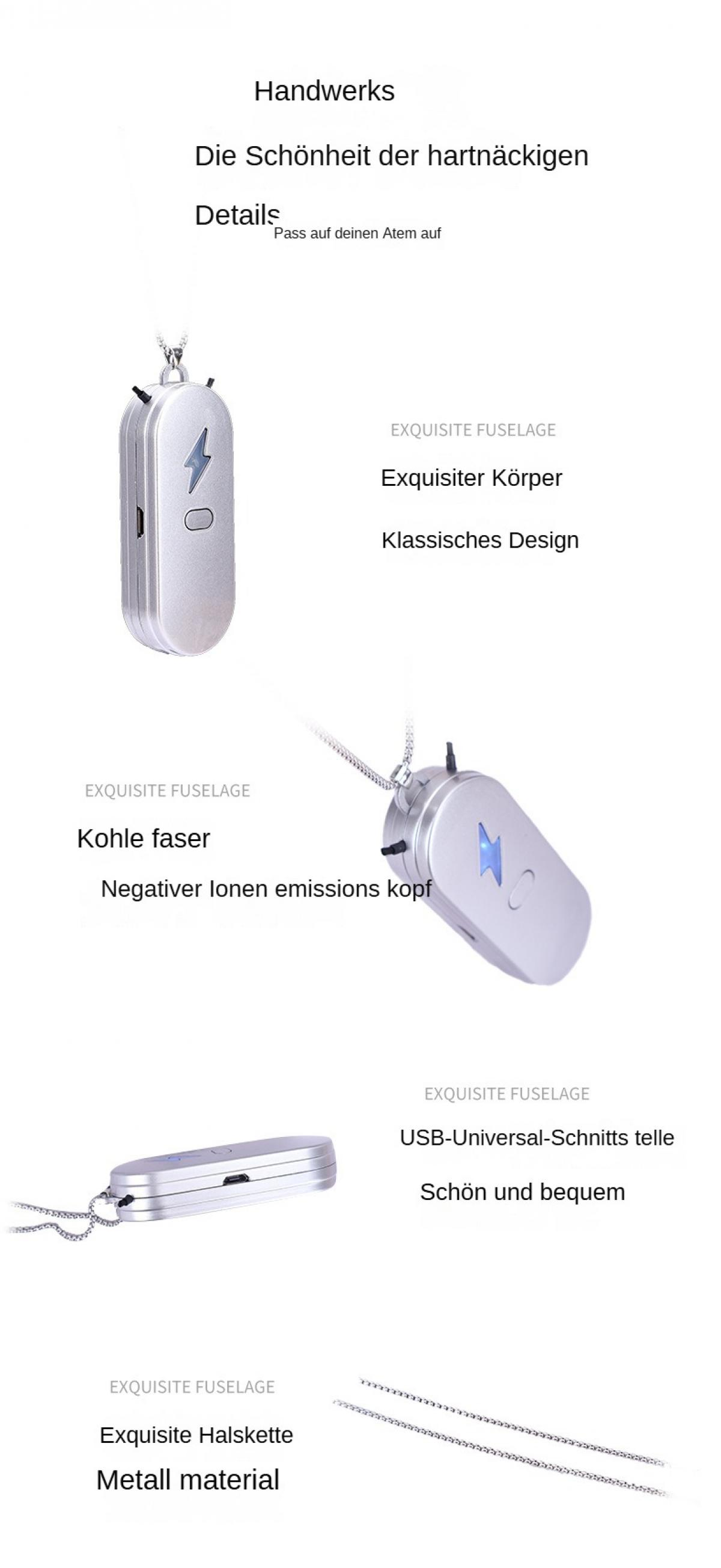 Eine silberne Luftreiniger-Halskette mit Blitzsymbol. Deutscher Text beschreibt Merkmale wie Kohlefaser und USB.