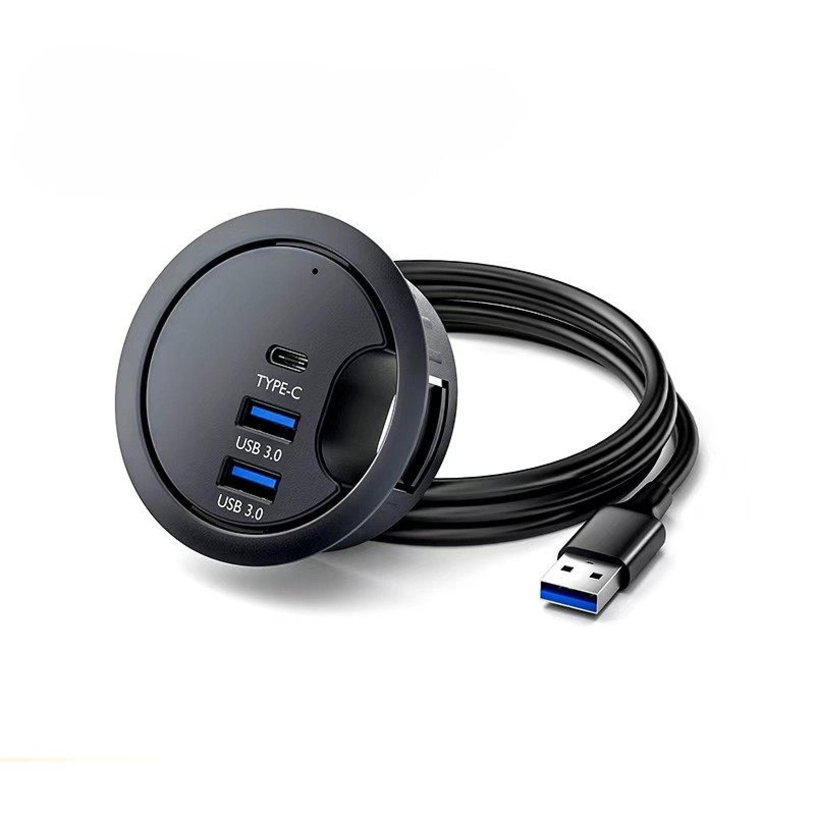 Ein schwarzer USB-Hub mit Typ-C- und USB-3.0-Anschlüssen. Ein schwarzes Kabel mit USB-Anschluss ist befestigt.