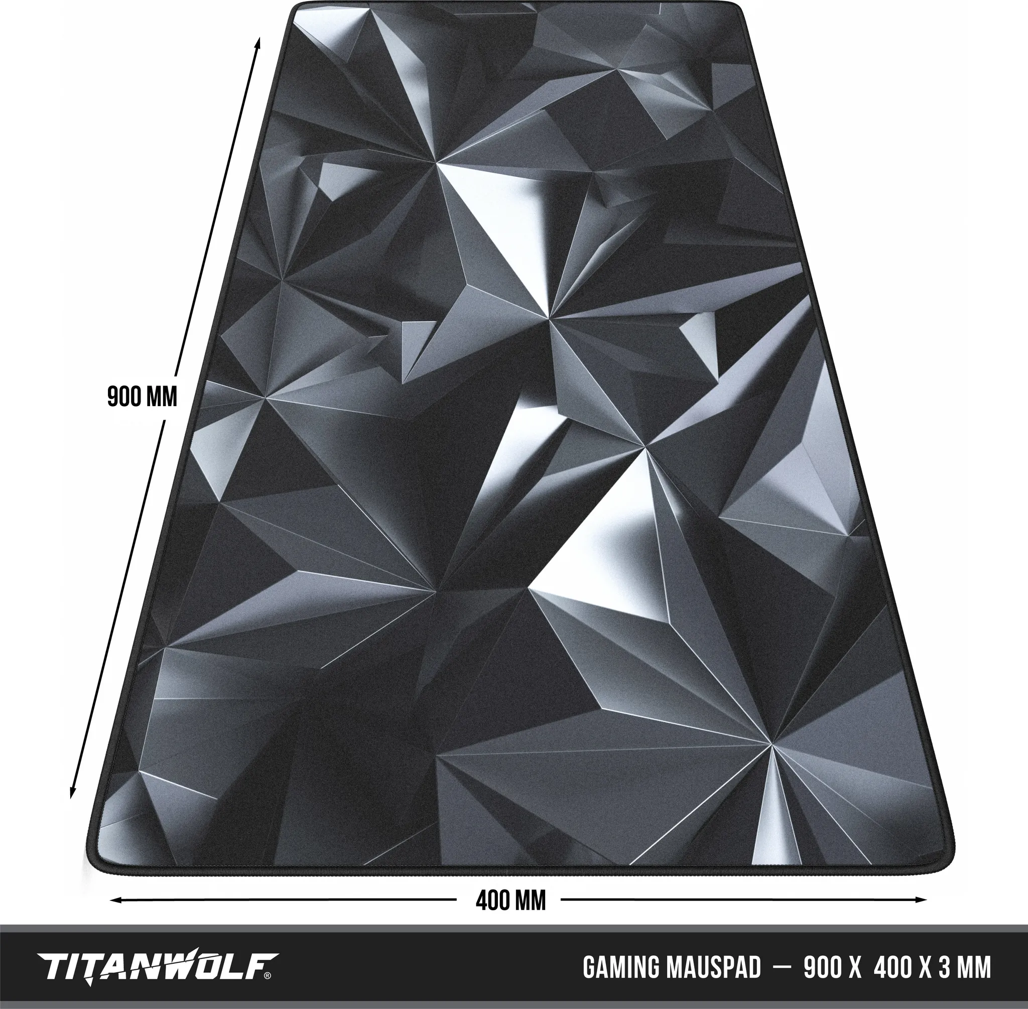 Ein rechteckiges Gaming-Mauspad mit geometrischem Schwarz-Grau-Design. Die Abmessungen betragen 900x400x3 mm.