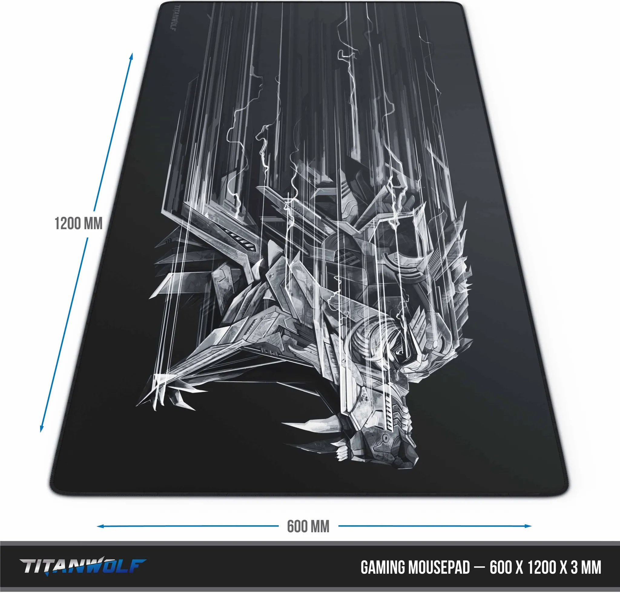 Schwarzes Gaming-Mauspad mit Wolfsdesign und weißen Linien. Abmessungen sind 600x1200x3mm. Die Marke ist Titanwolf.