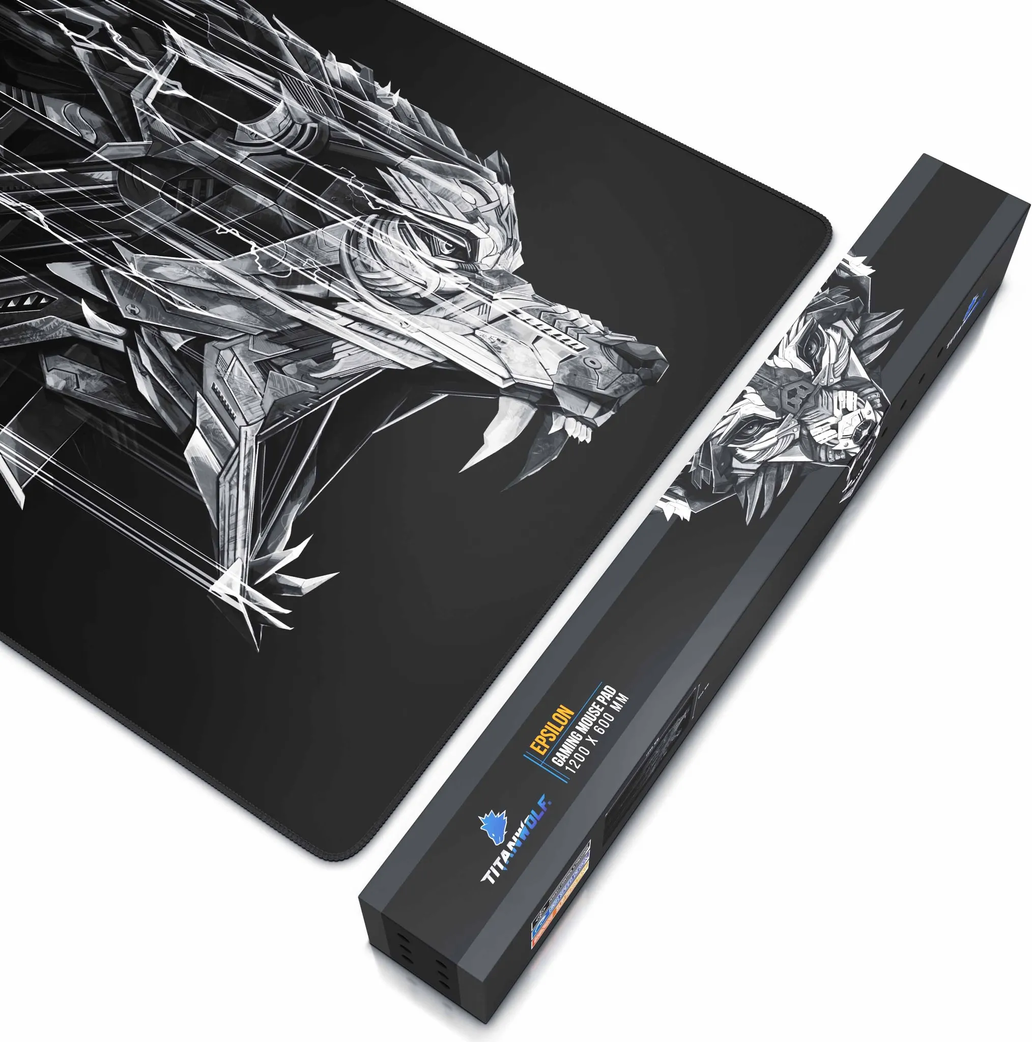 Gaming-Mauspad mit Wolf-Design und Verpackungskarton, schwarz-weiß.