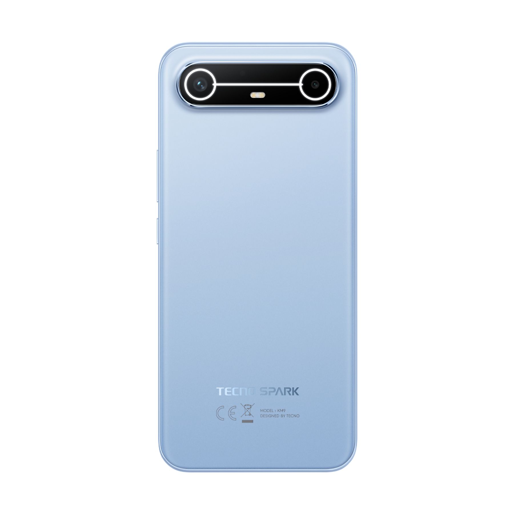 Açık mavi bir TECNO Spark telefonunun arkası. Çift kamerası ve altta marka adı var.