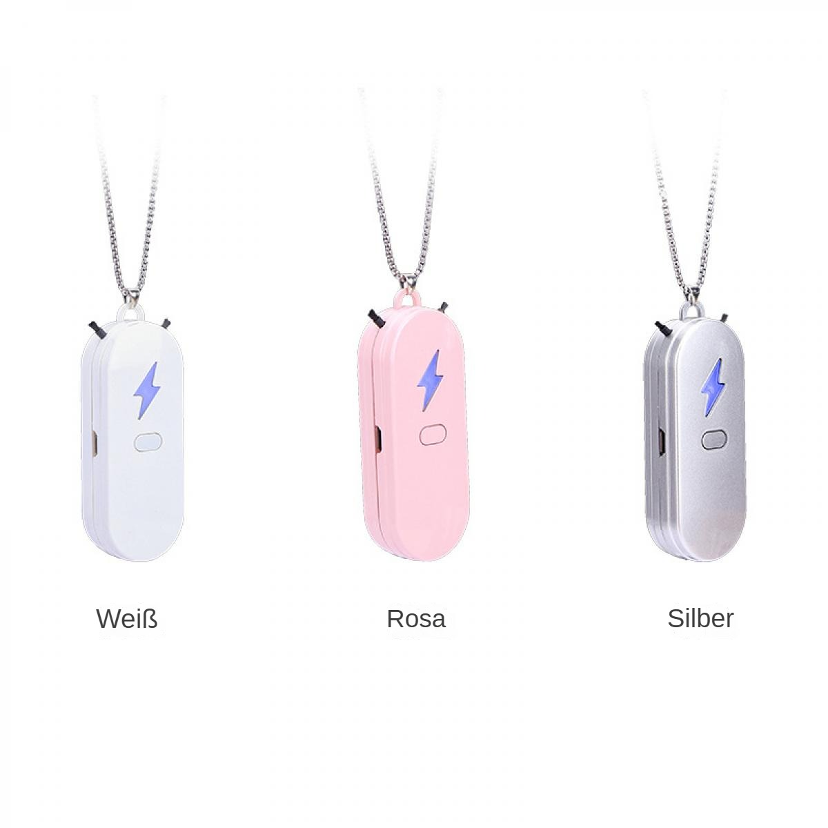Drei Anhänger-Luftreiniger in Weiß, Rosa und Silber. Jeder hat einen Blitz und hängt an einer Kette. Deutsche Beschriftung darunter.