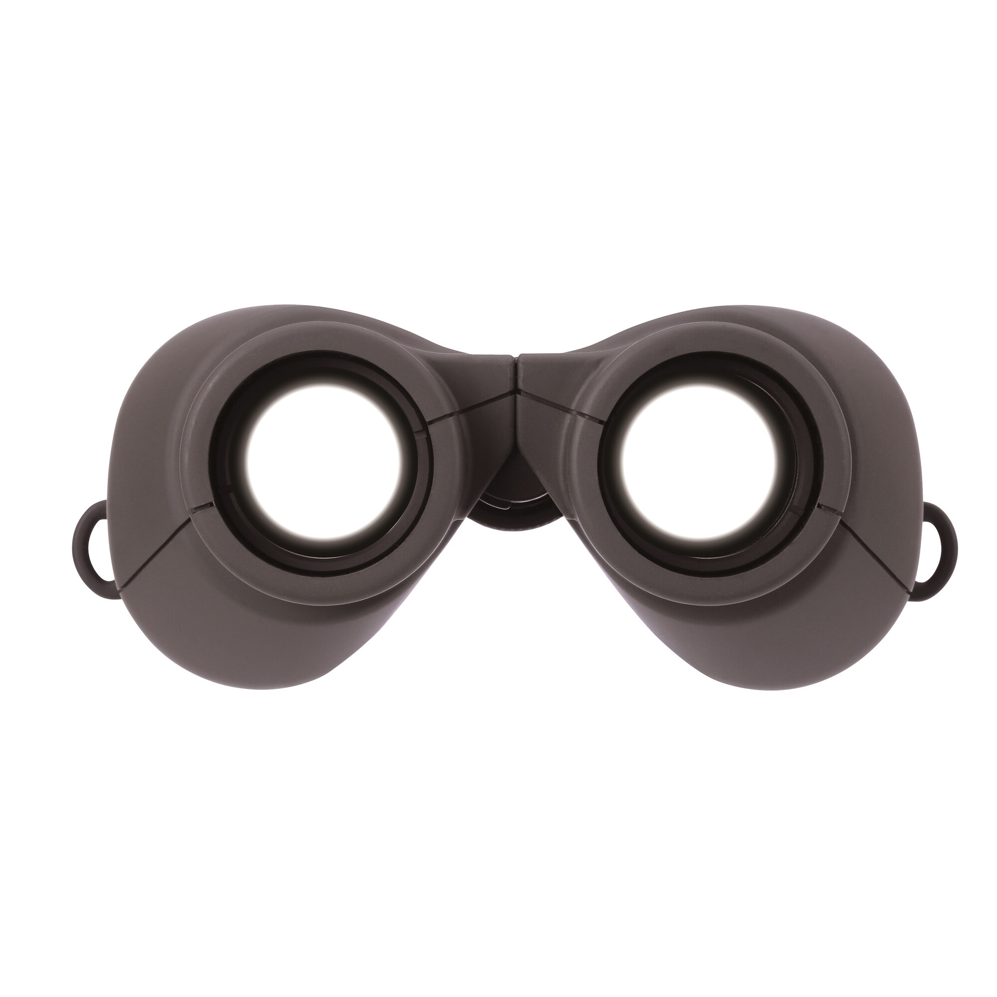 Ein dunkelgraues Fernglas mit weißem Licht in den Linsen. Vor weißem Hintergrund.