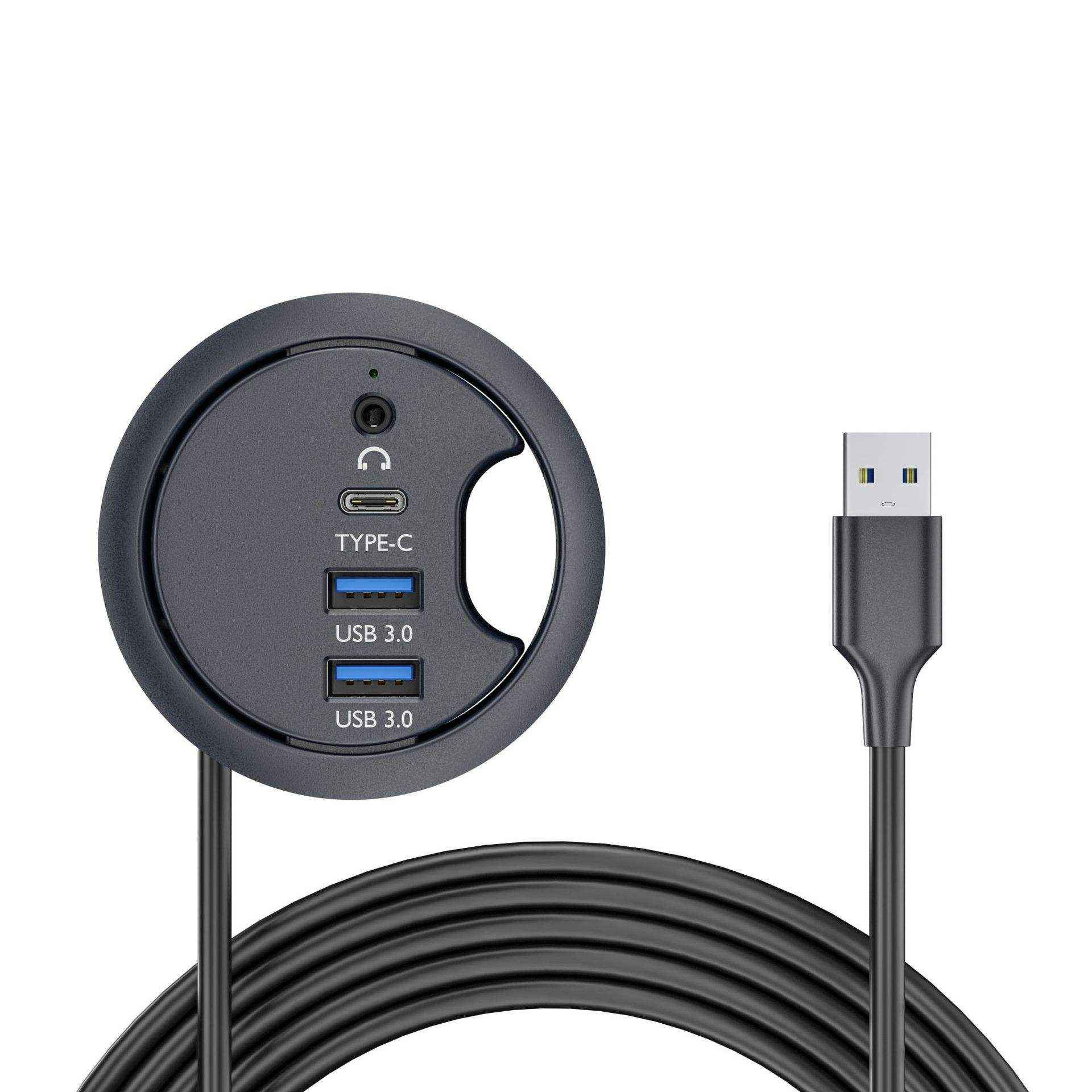 Ein dunkelgrauer USB-Hub mit einem USB-Kabel. Es hat Typ-C- und USB 3.0-Anschlüsse. Der Hintergrund ist weiß.