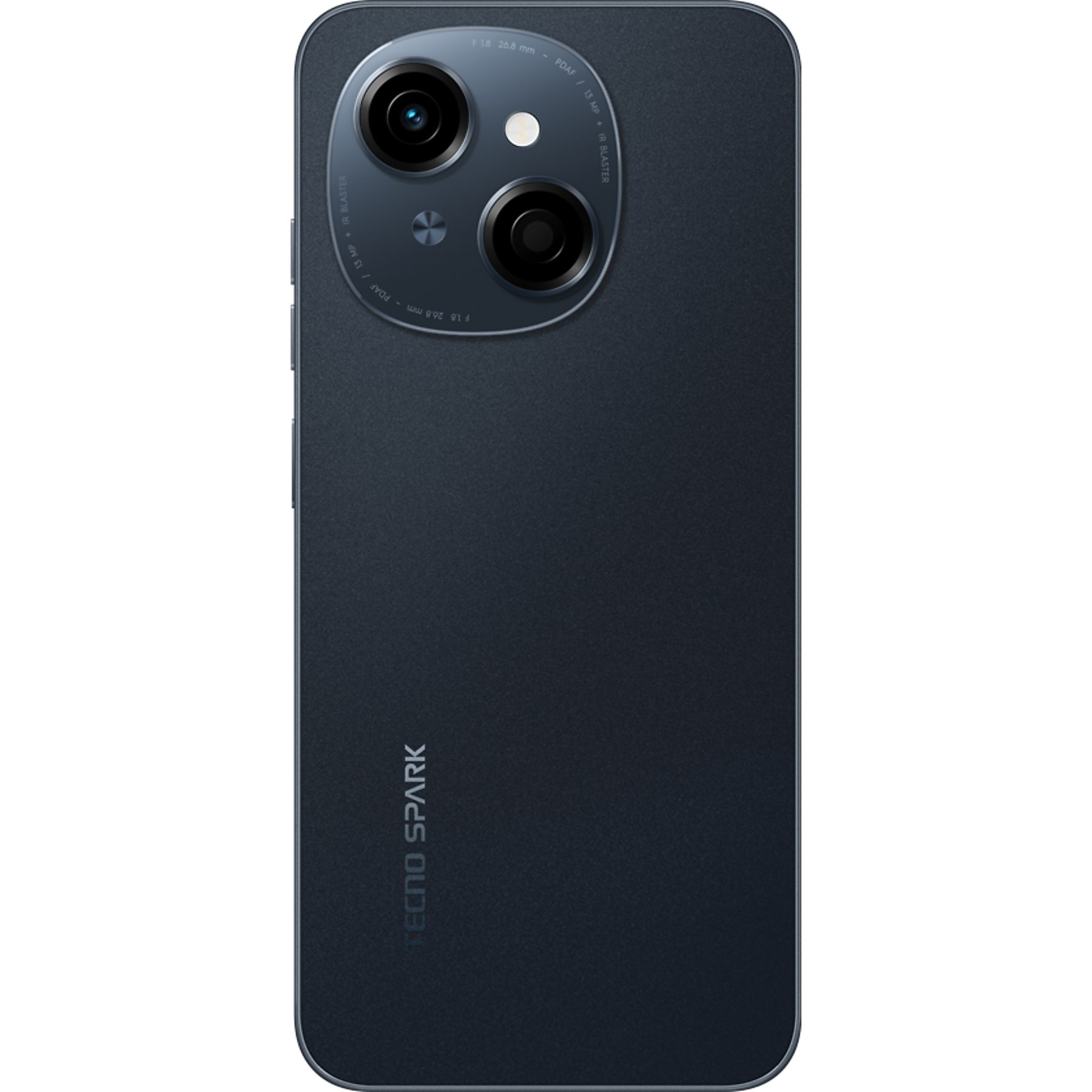 Siyah bir Tecno Spark telefonun arkası. İki kamerası, marka adı ve kamera özellikleri var.