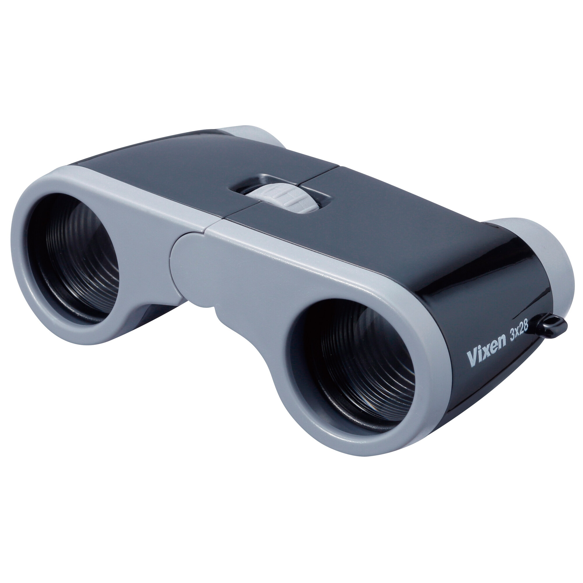 Nahaufnahme eines schwarz-grauen Vixen 3x28 Fernglases. Es hat ein Fokusrad und zwei Okulare.