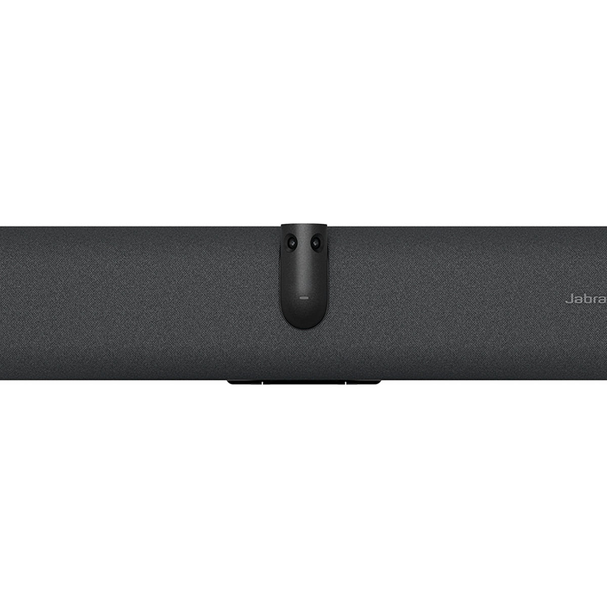 Una soundbar grigio scuro con un modulo centrale arrotondato. Il modulo ha due elementi circolari e una piccola linea orizzontale.