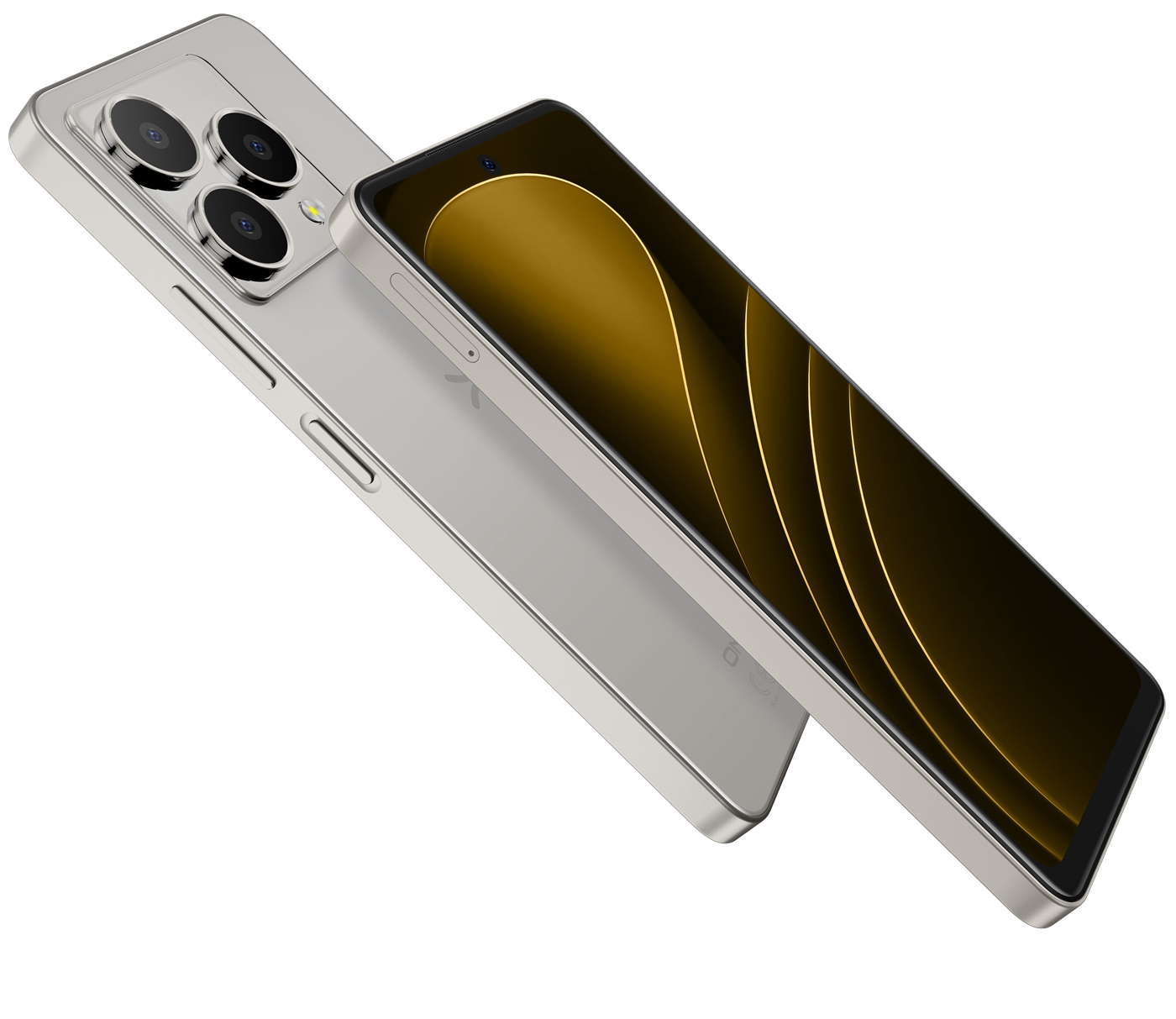 İki gümüş renkli akıllı telefon, biri açılı, ekranda altın dalga deseni gösteriyor. Arkada kamera lensleri var.