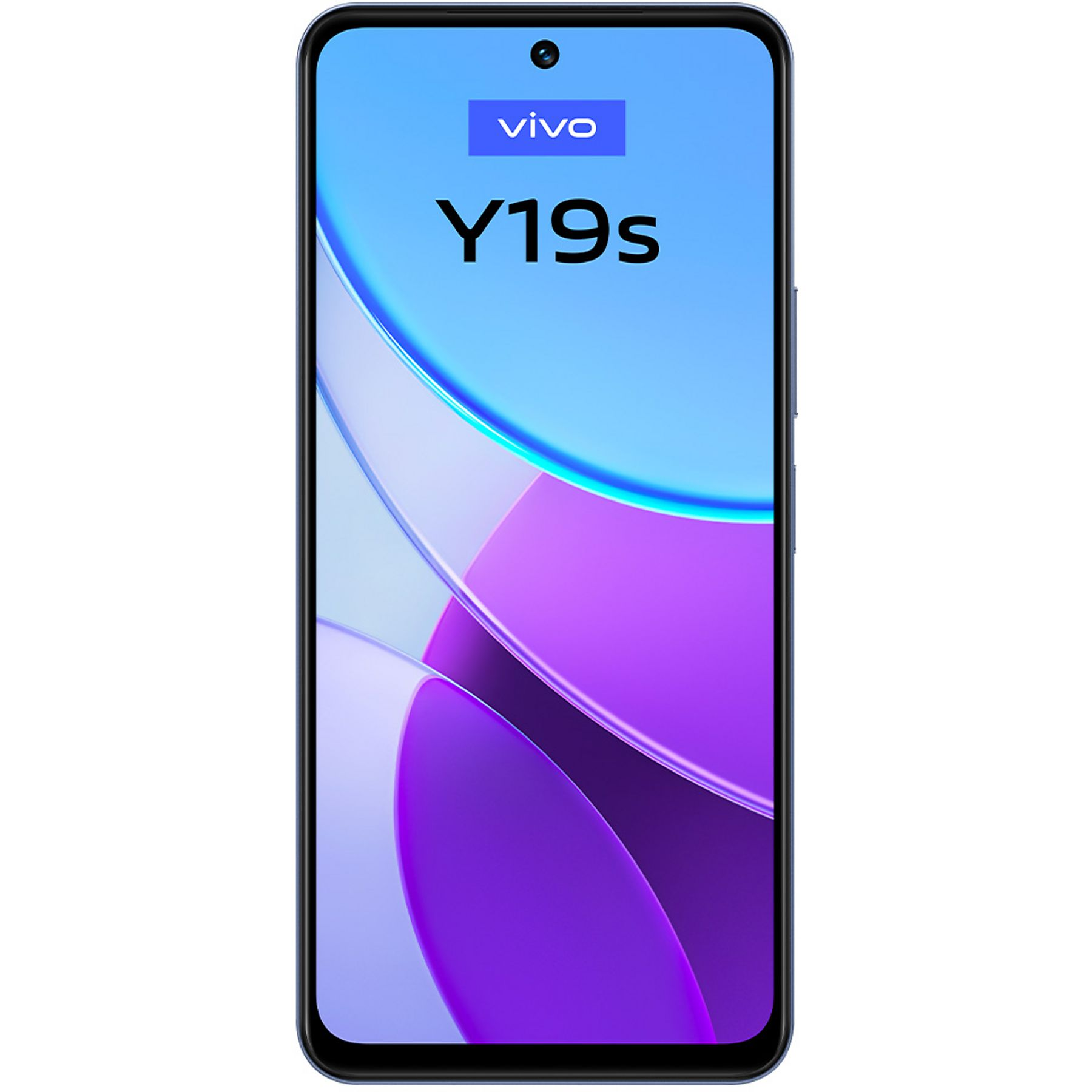 Vivo Y19s akıllı telefon. Vivo logosu ve Y19s metni olan mavi ekran. Mor ve mavi soyut arka plan.