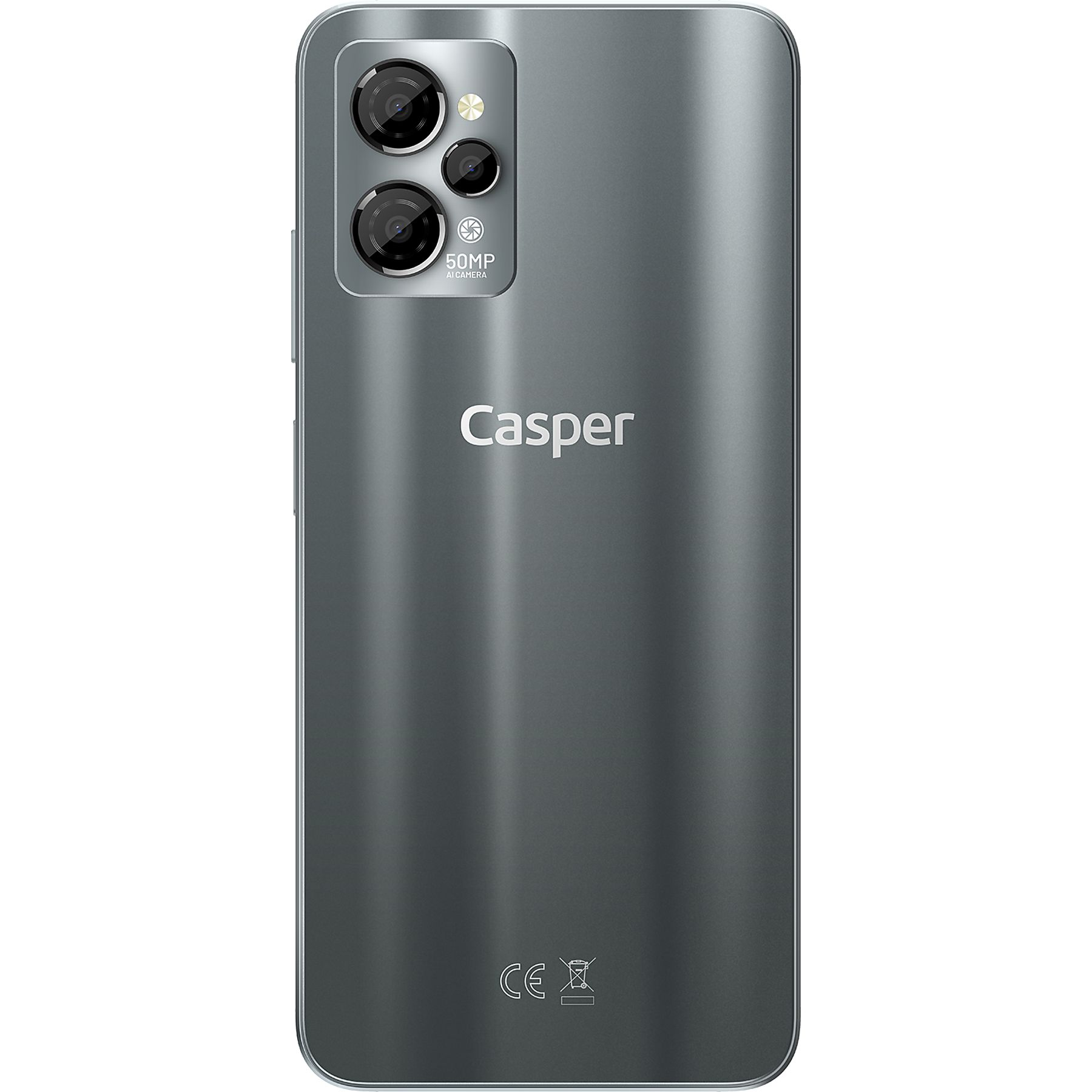 Gri Casper akıllı telefon arkası. Üçlü kamera, 50MP ve Casper logosu içerir.