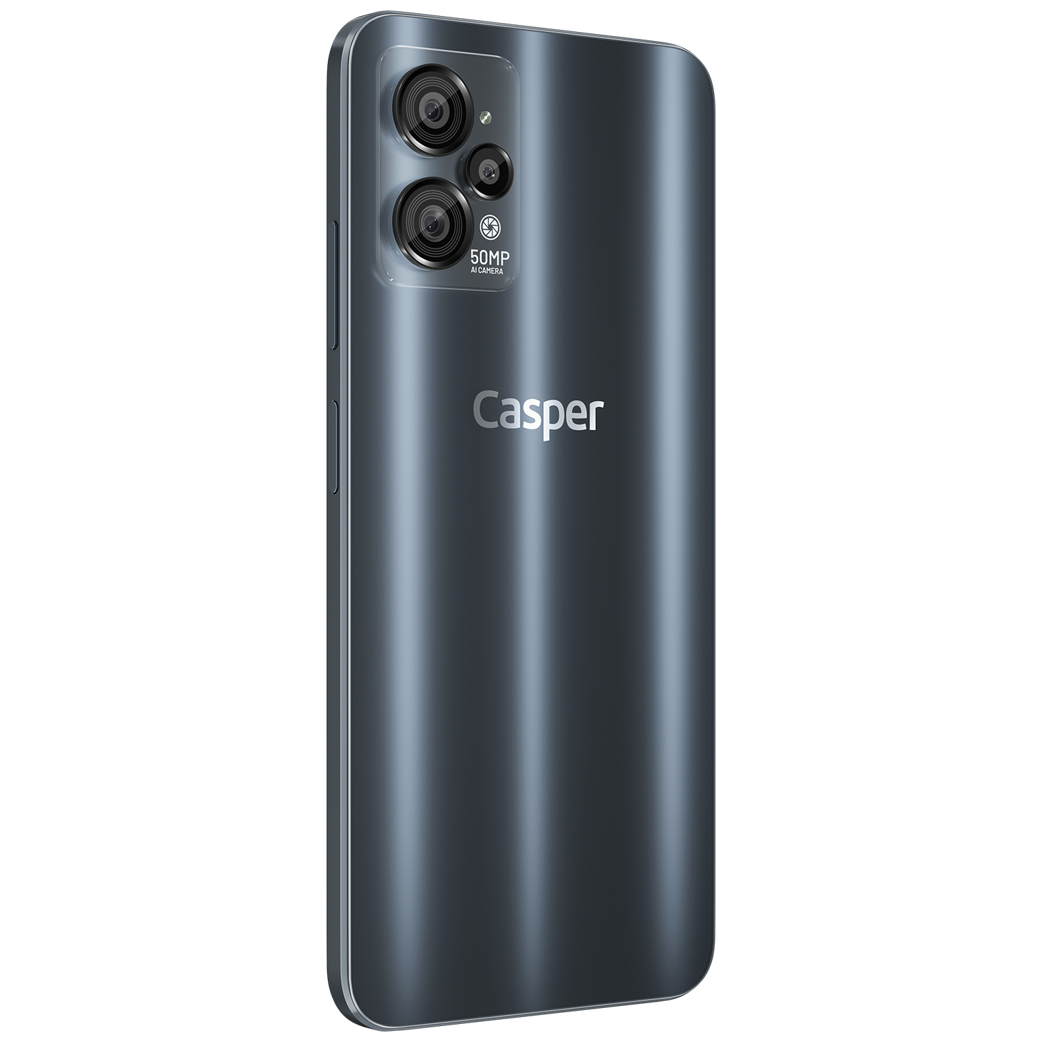Koyu gri bir Casper akıllı telefon. Üç kamerası, 50MP yapay zeka kamera etiketi ve Casper logosu var. Telefon bir stüdyoda.