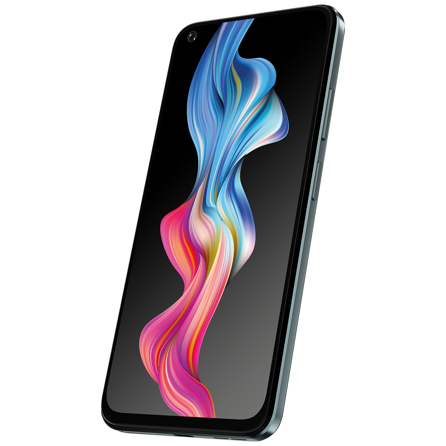 Ekranda renkli soyut bir tasarıma sahip, hafif açılı bir akıllı telefon. Telefonun koyu bir çerçevesi ve beyaz bir arka planı var.