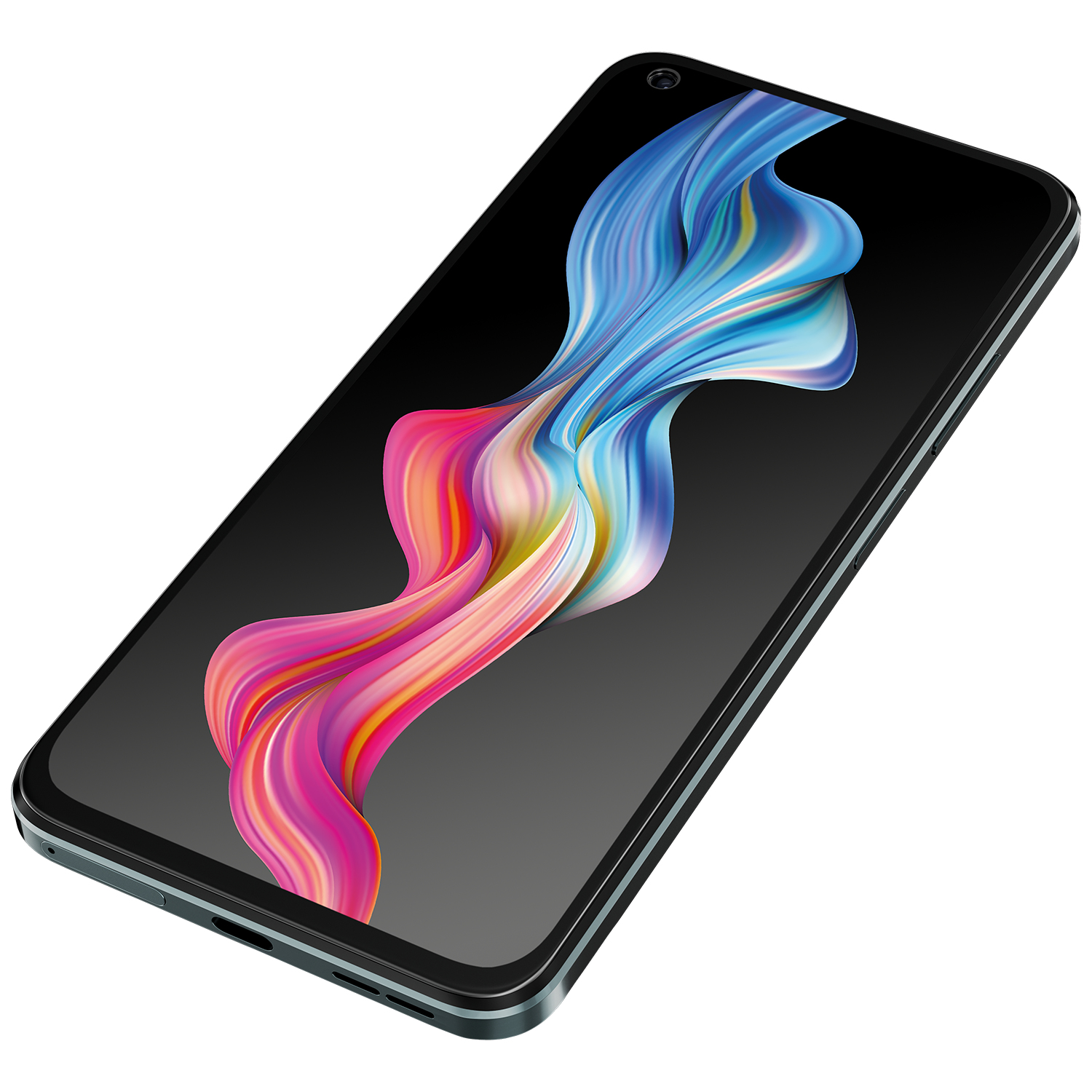 Ekranda renkli soyut dalga tasarımına sahip bir akıllı telefon. Telefon eğik, siyah bir ekran gösteriyor.
