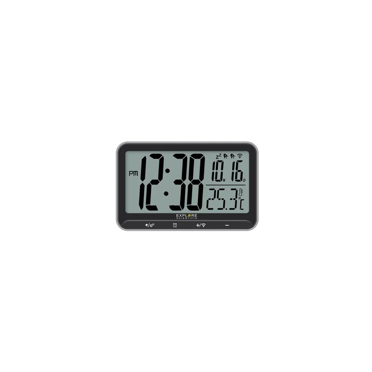 Eine Digitaluhr zeigt 12:38 Uhr nachmittags mit Datum 10.16 und Temperatur 25,3°C. Sie hat einen schwarzen Rahmen und Knöpfe.