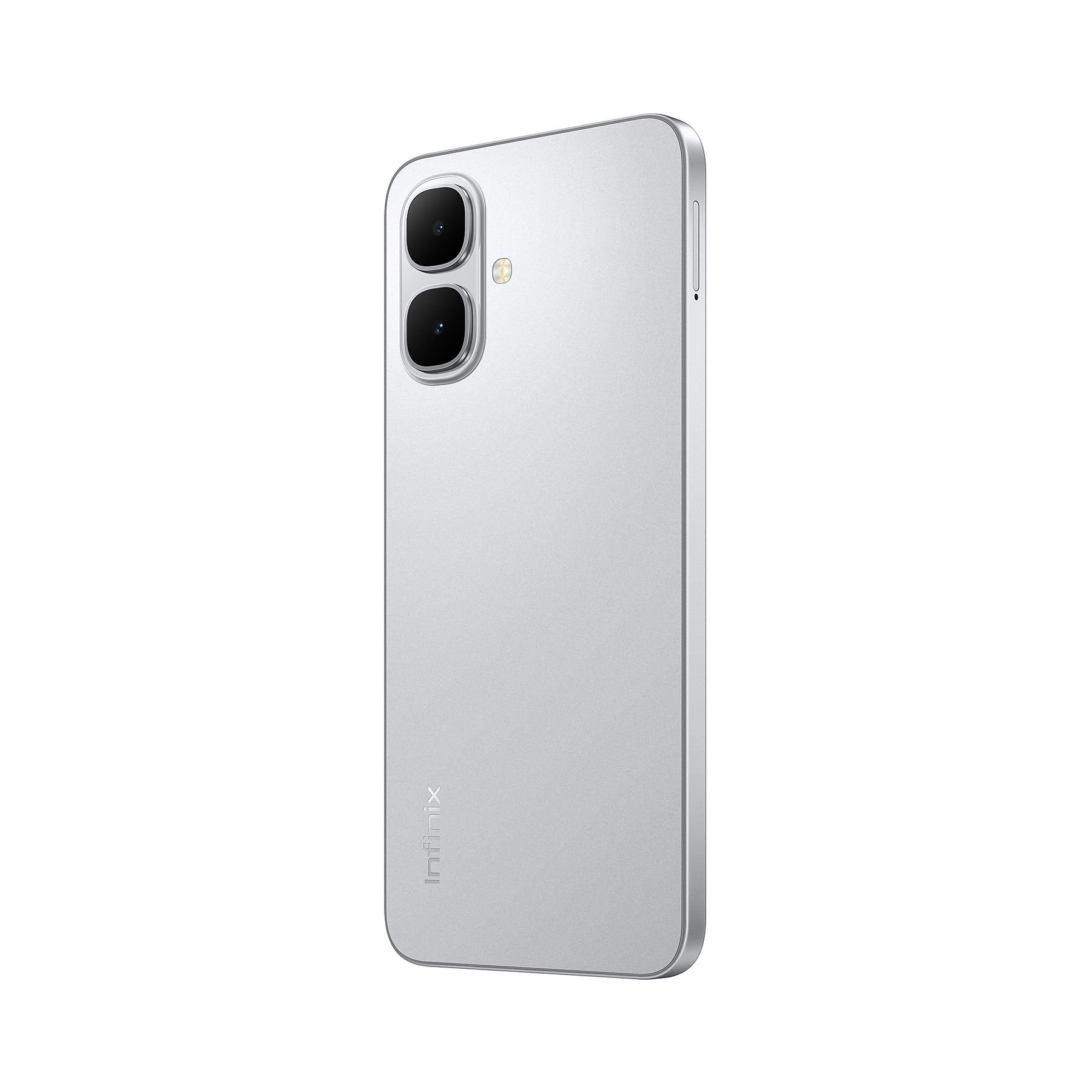 Çift kameralı ve flaşlı gümüş renkli akıllı telefon. Telefonun arkasında Infinix logosu var.