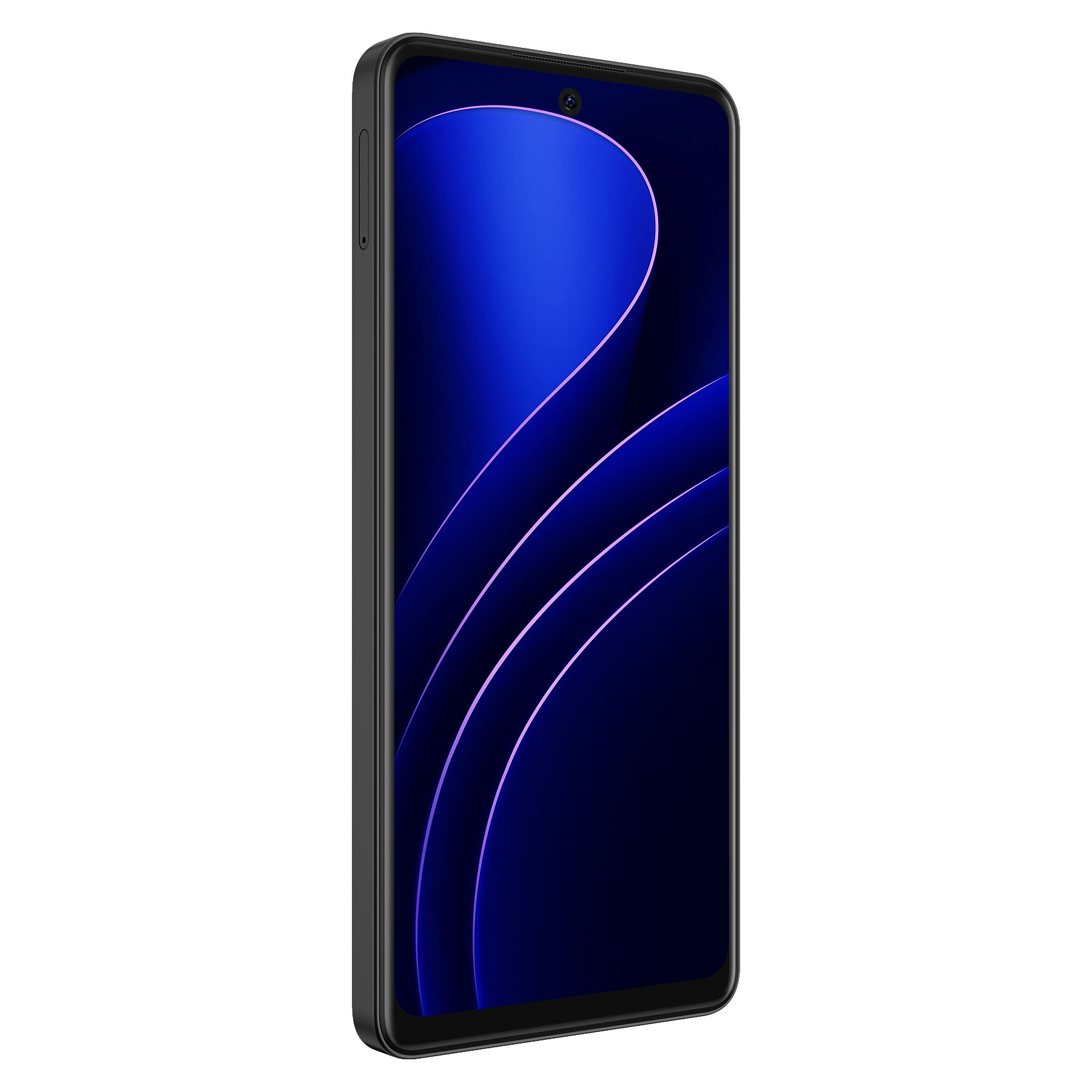 Siyah bir akıllı telefon, ekranında mavi, kavisli bir tasarım sergiliyor.