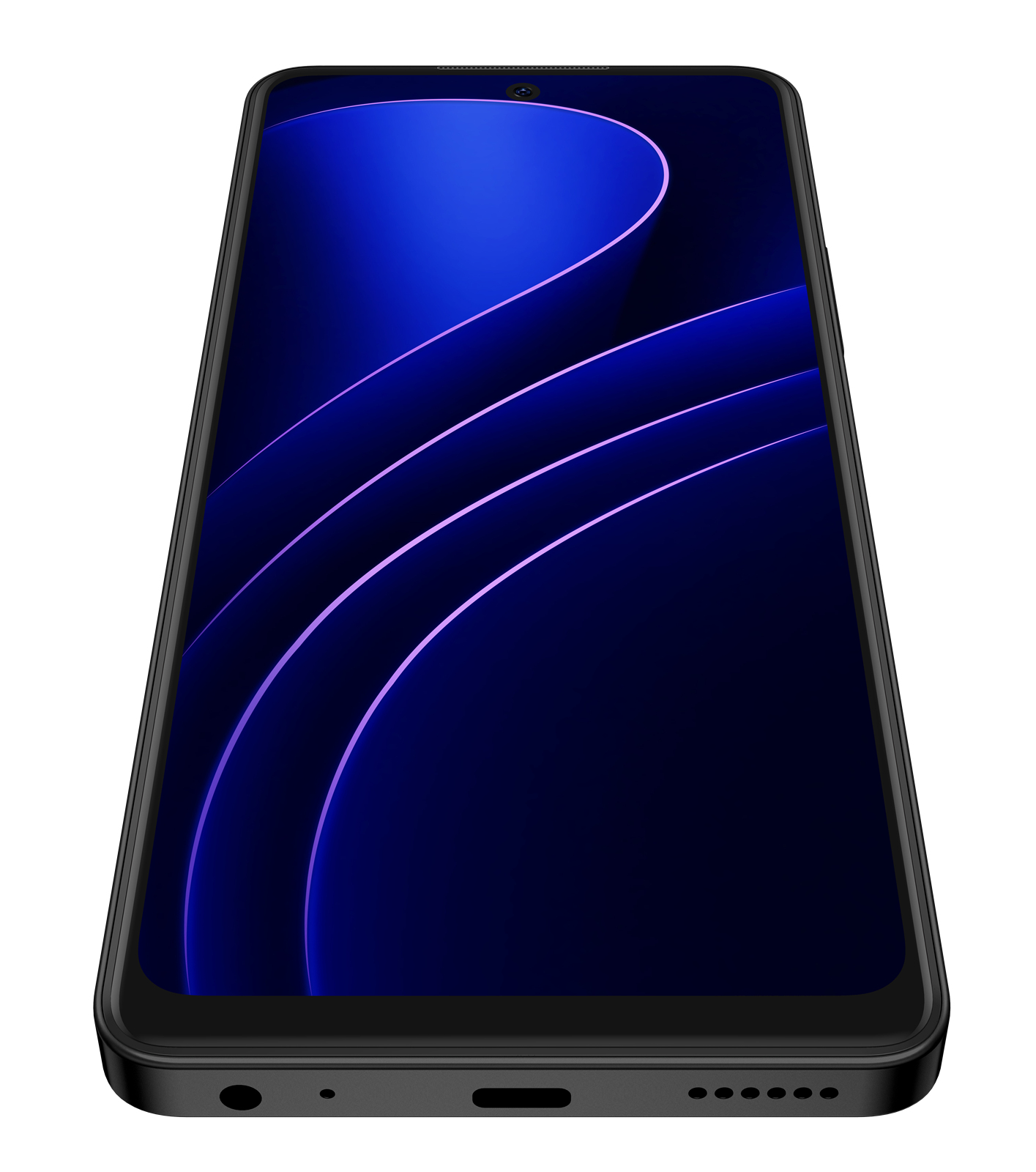 Ekranında mavi ve mor soyut tasarımlı siyah bir akıllı telefon. Telefon açılı, alt kısım görünüyor.