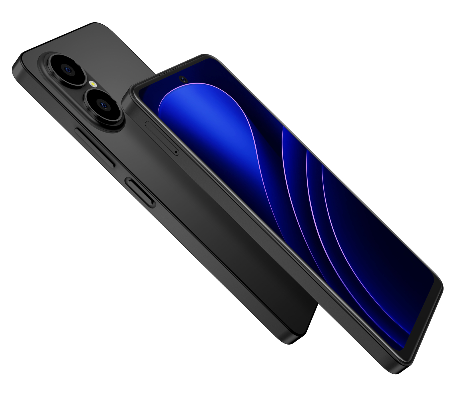 İki siyah akıllı telefon. Biri açılı, ekranda mavi ve mor tasarım var. Diğeri arkasında.