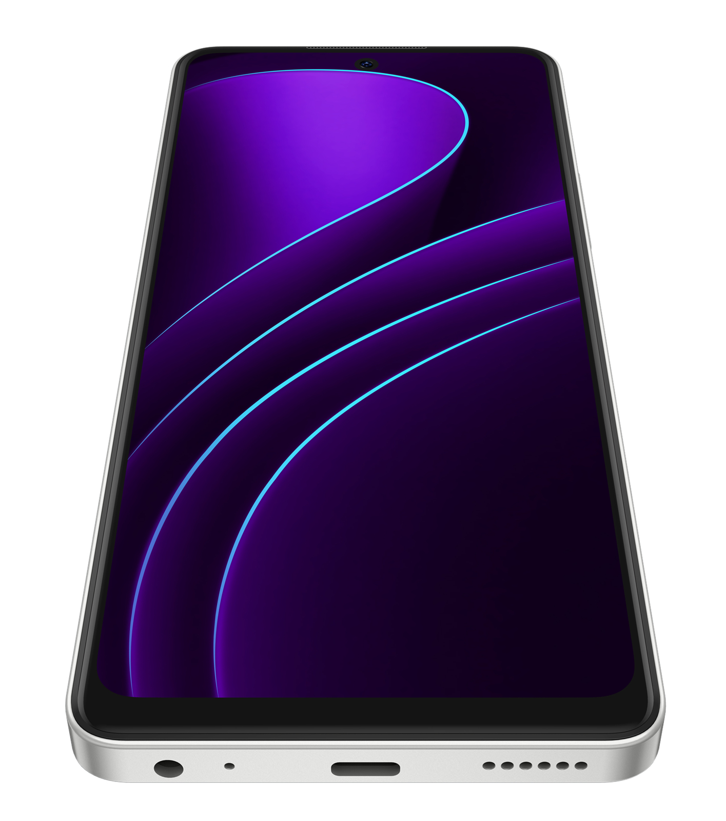 Gümüş çerçeveli bir akıllı telefon. Ekran, neon mavi çizgilerle mor bir tasarım görüntülüyor. Telefon yukarı doğru açılı.