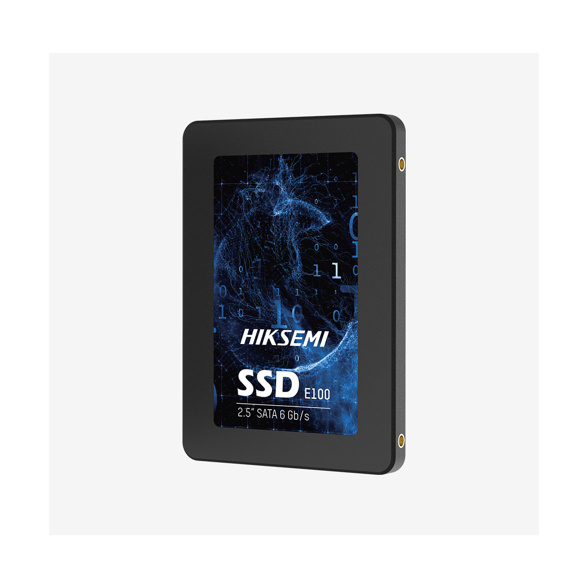 Czarny dysk SSD marki HIKSEMI. Z przodu znajduje się niebieska grafika i tekst wskazujący, że jest to SSD E100, 2,5" SATA 6 Gb/s.