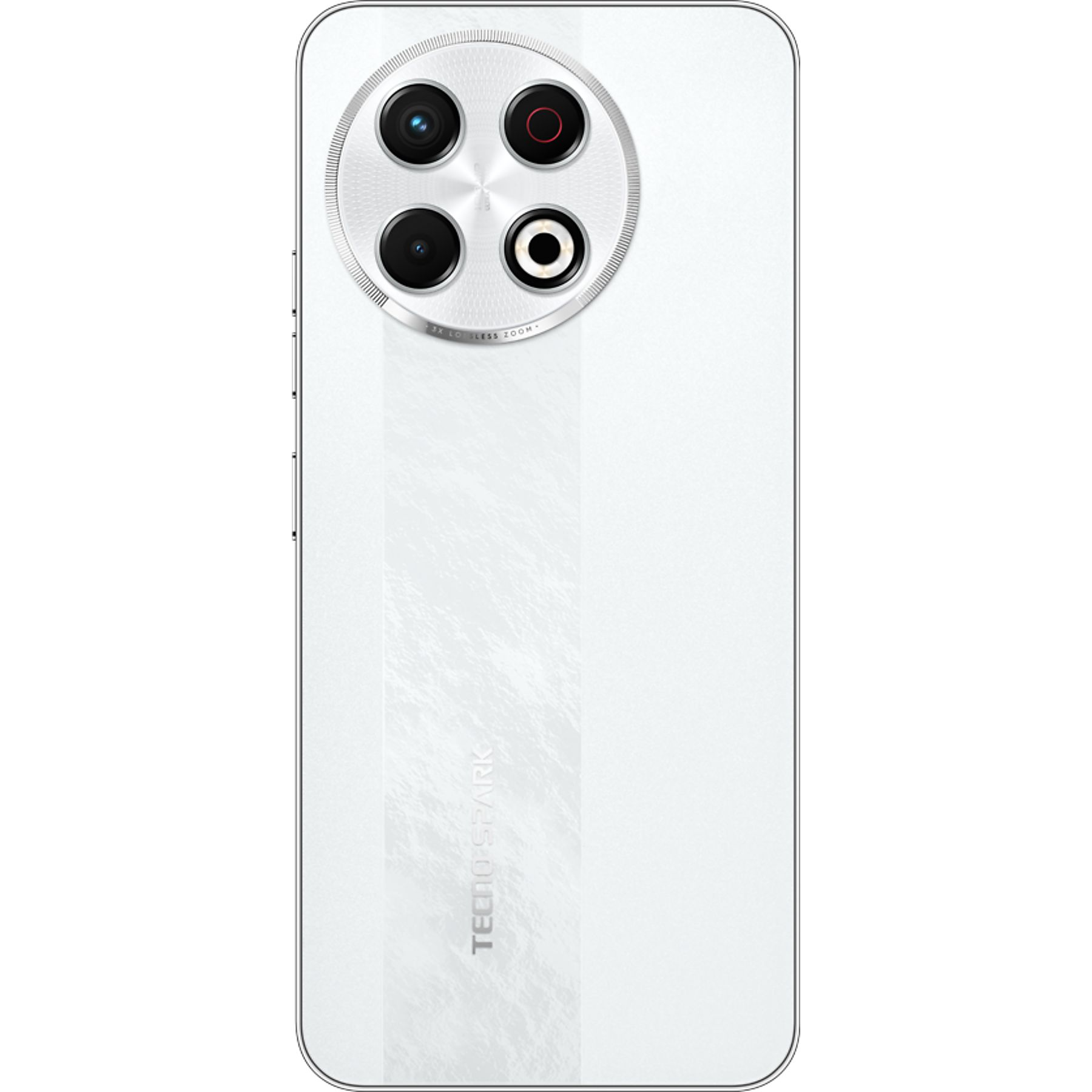 Kameralı beyaz akıllı telefon arkası. Dairesel kamera modülü. 'TECNO SPARK' dikey olarak basılmıştır.