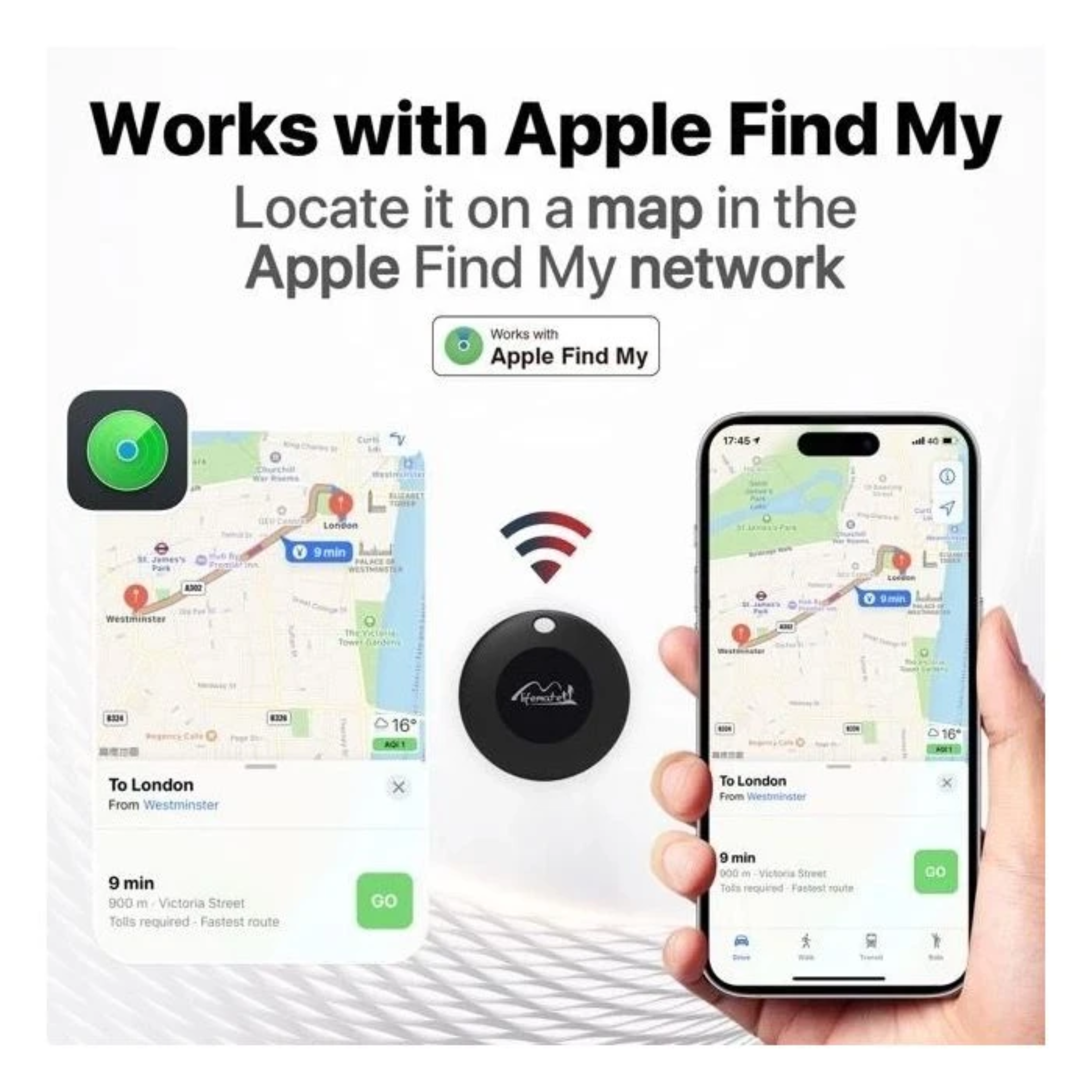 Image shows an Apple Find My device, a map, and a smartphone displaying location information.