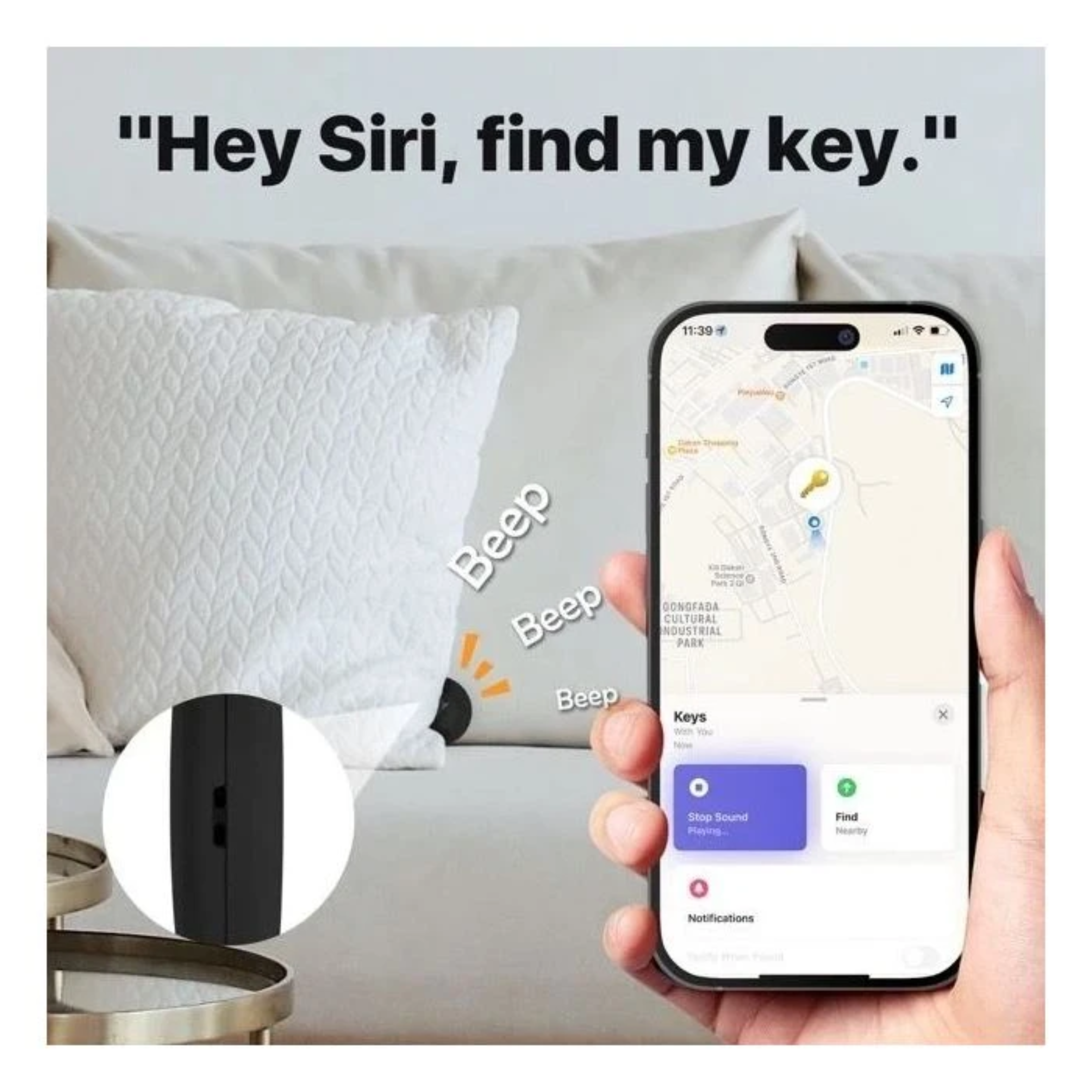 A phone displays a key location on a map. A black device, and a white pillow are in the scene. Text says "Hey Siri, find my key."