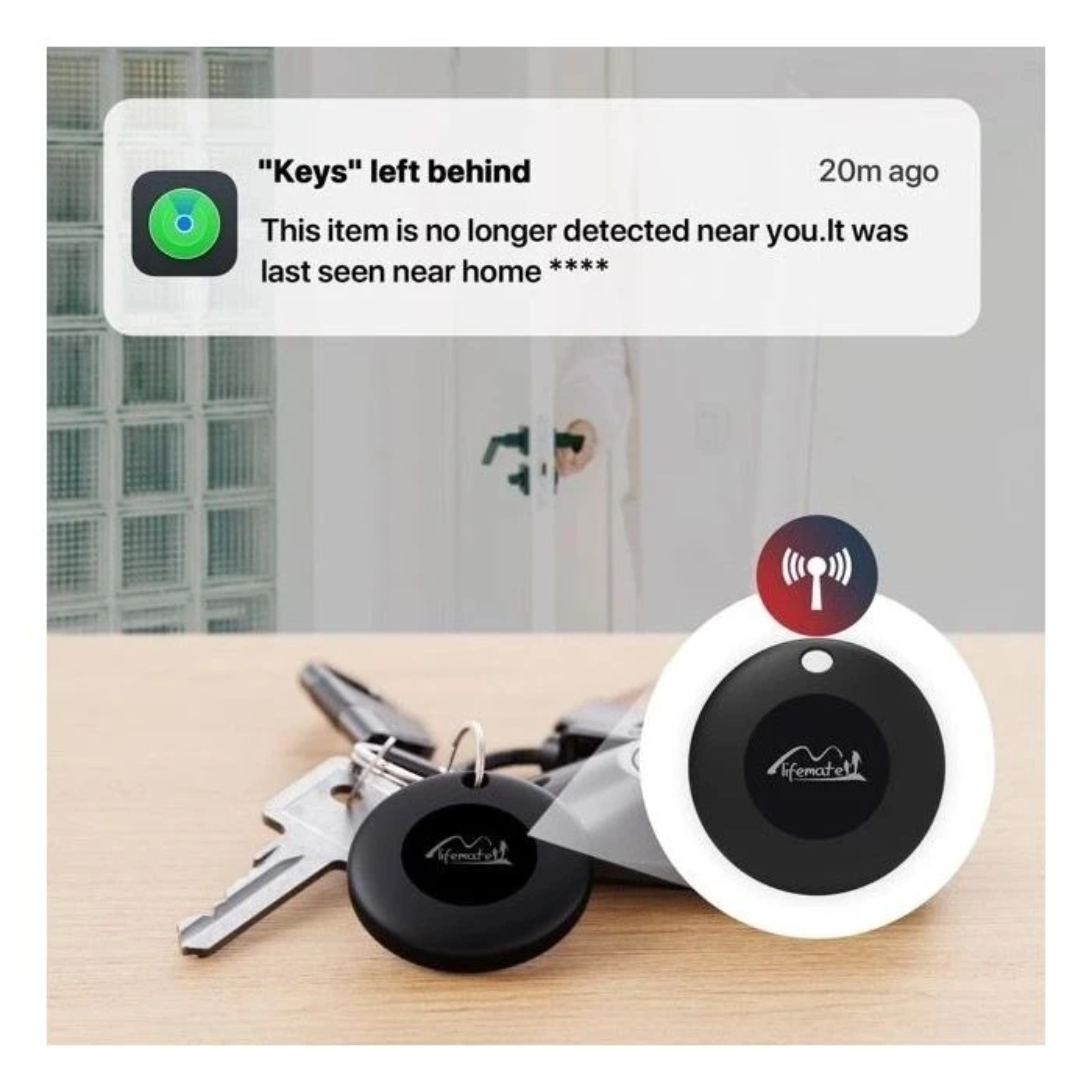 Keys and trackers on a wooden surface, with a notification about the keys being left behind.