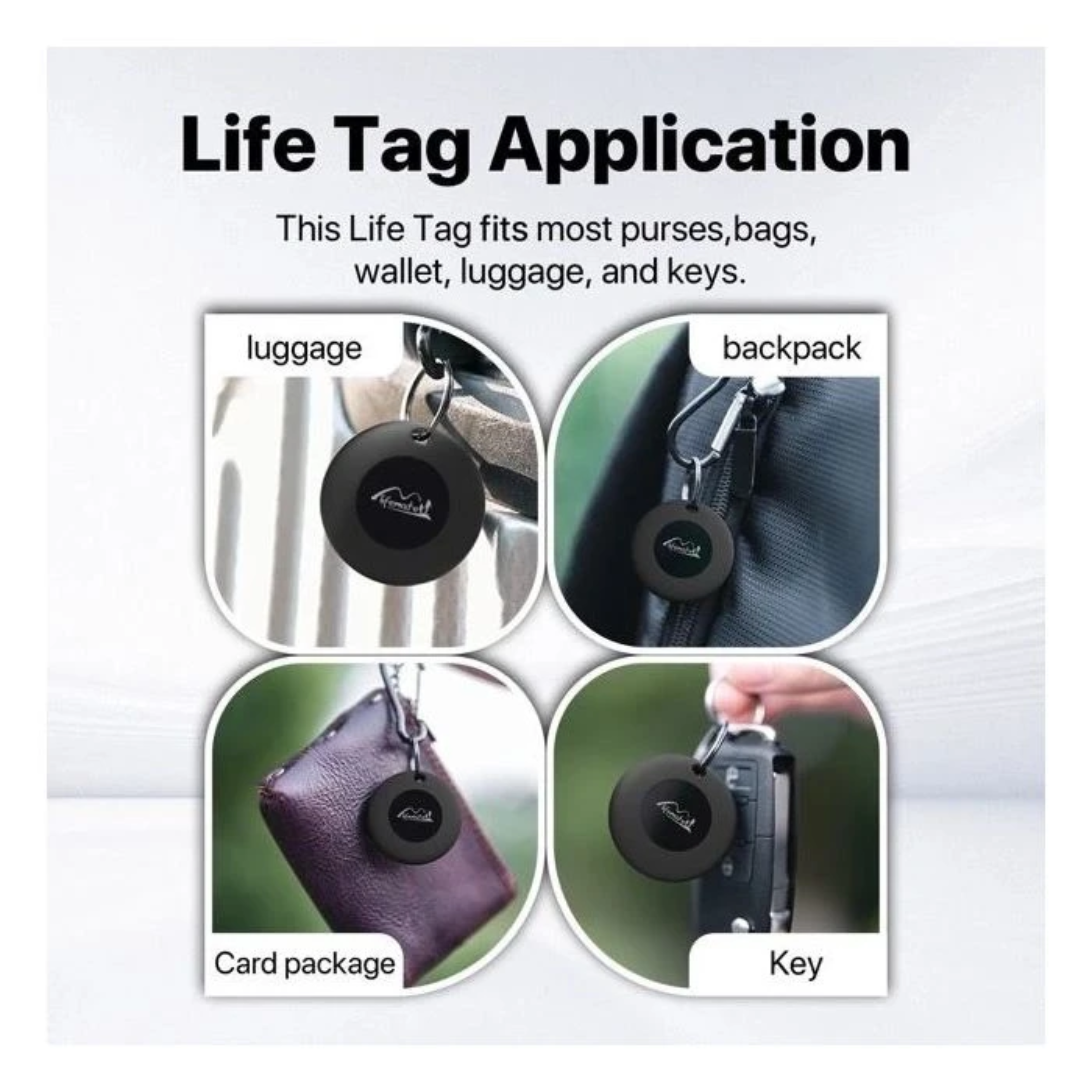 Image shows Life Tag applications: luggage, backpack, card package, and key. Each with a round black tag.