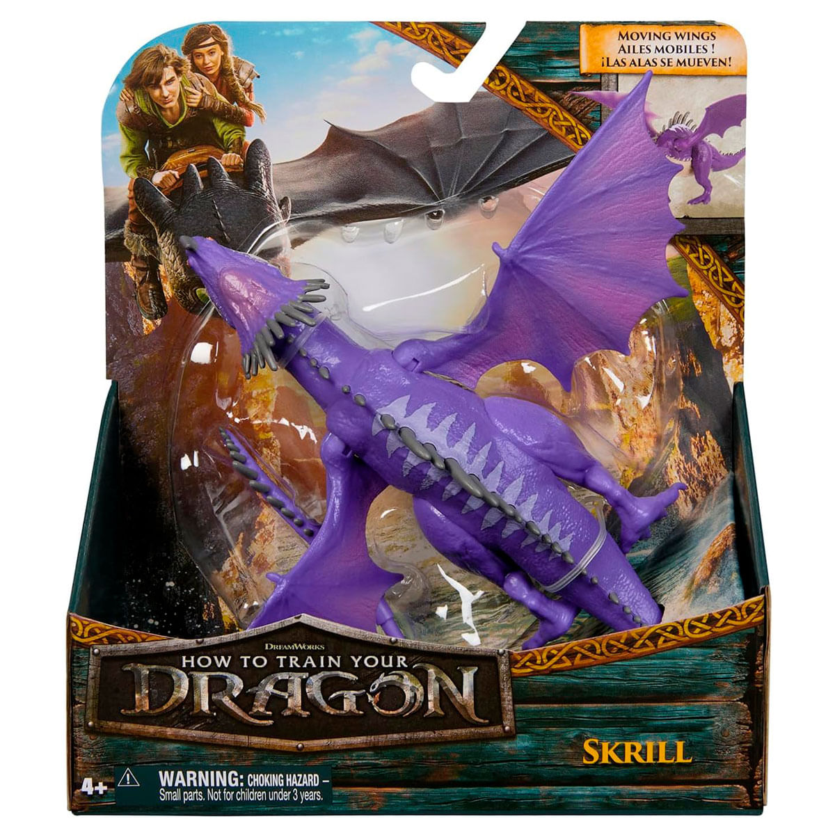 Eine Spielzeugkiste von 'Drachenzähmen leicht gemacht'. Ein lila Skrill-Drachenspielzeug ist darin. Die Box zeigt Charaktere und Drachen.