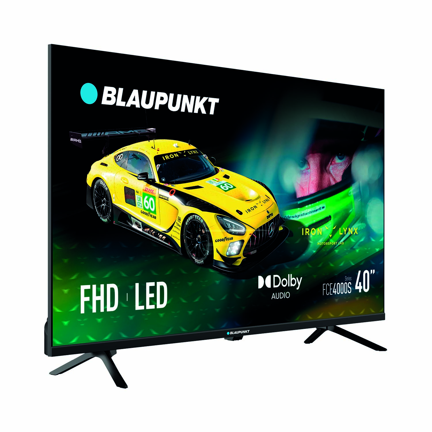 Telewizor Blaupunkt wyświetla żółty samochód wyścigowy z logo Iron Lynx. Ma FHD LED, Dolby Audio i ma 40 cali.