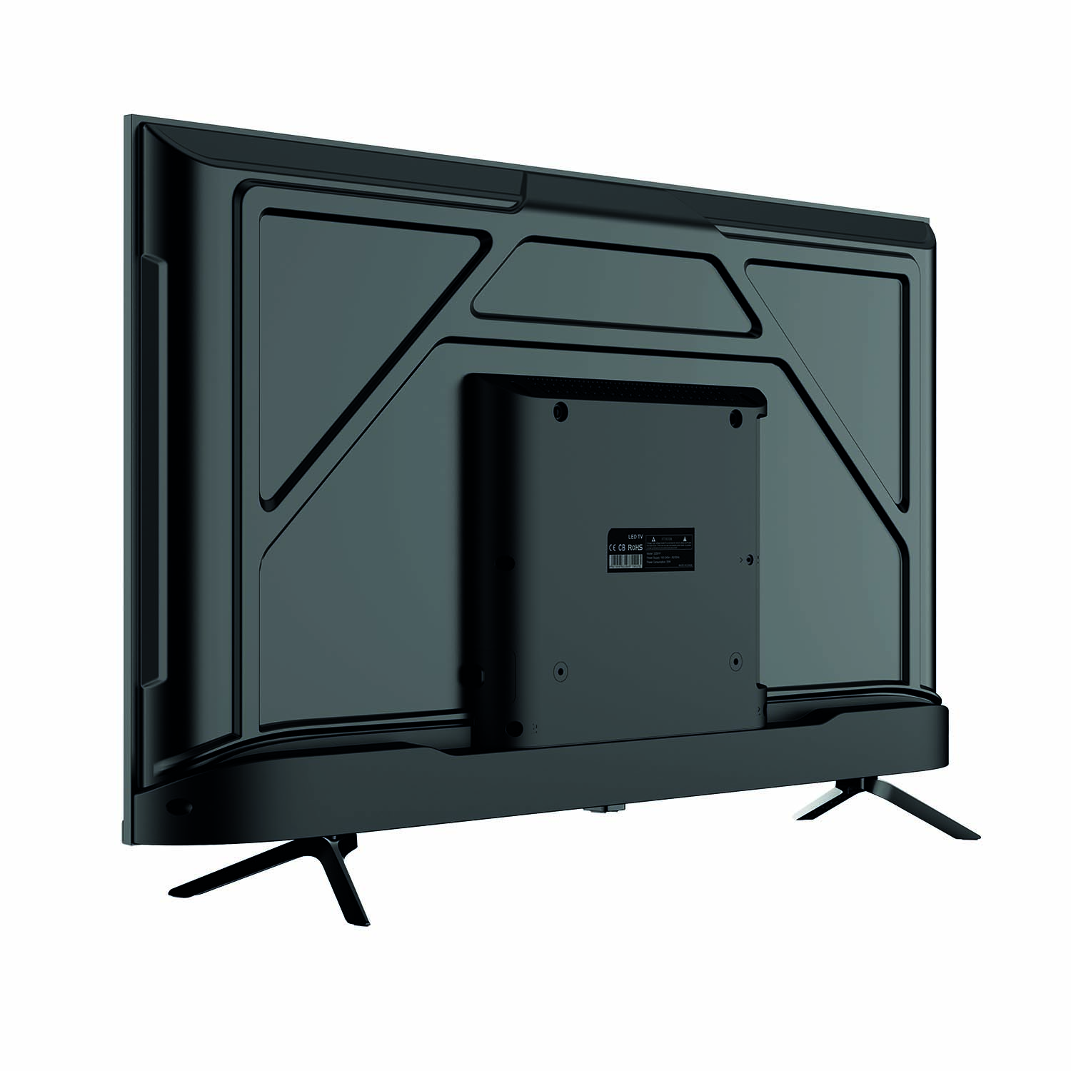 Widok z tyłu czarnego telewizora z płaskim ekranem na białym tle. Telewizor ma dwie nogi i porty.