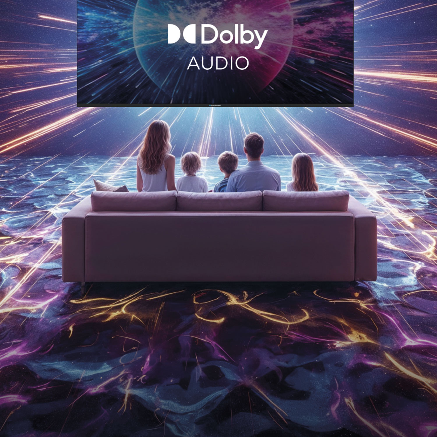 Rodzina siedzi na kanapie oglądając telewizor Dolby Audio. Tło przedstawia scenę kosmiczną z efektem pokazu świateł.