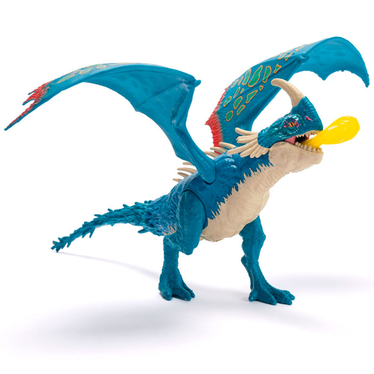 Ein blaues Drachenspielzeug mit offenen Flügeln hält eine gelbe Scheibe im Mund. Der Drache hat einen weißen Bauch und Stacheln.